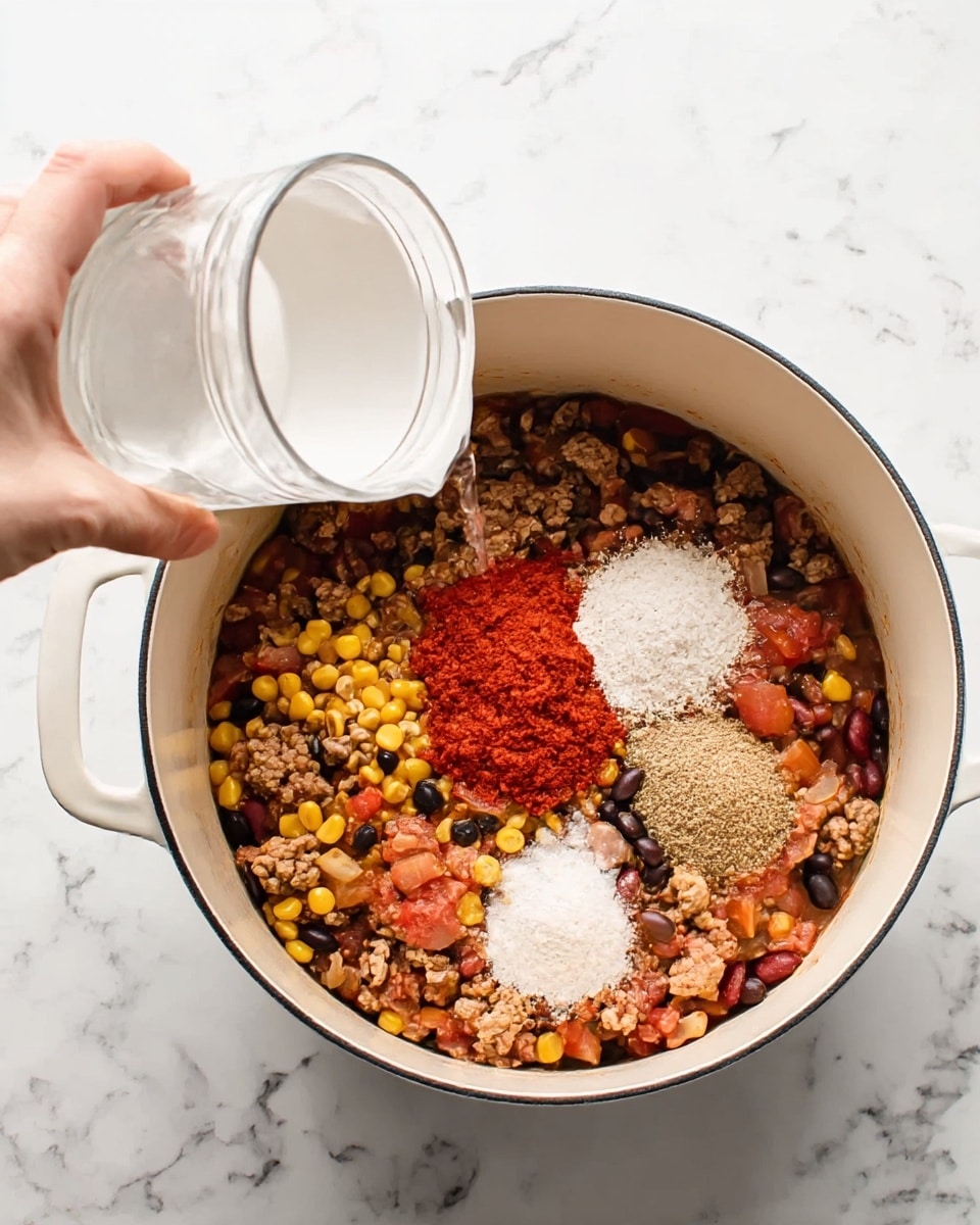 A white pot filled with a colorful mix of ingredients, including light brown cooked ground meat, yellow corn, black and light brown beans, and small pieces of tomato and onion. On top of the mix, there are three separate piles: bright red tomato paste, white powder, and light brown seasoning powder. A woman's hand on the left side is pouring clear liquid from a white cup into the pot. The pot sits on a white marbled surface. photo taken with an iphone --ar 4:5 --v 7
