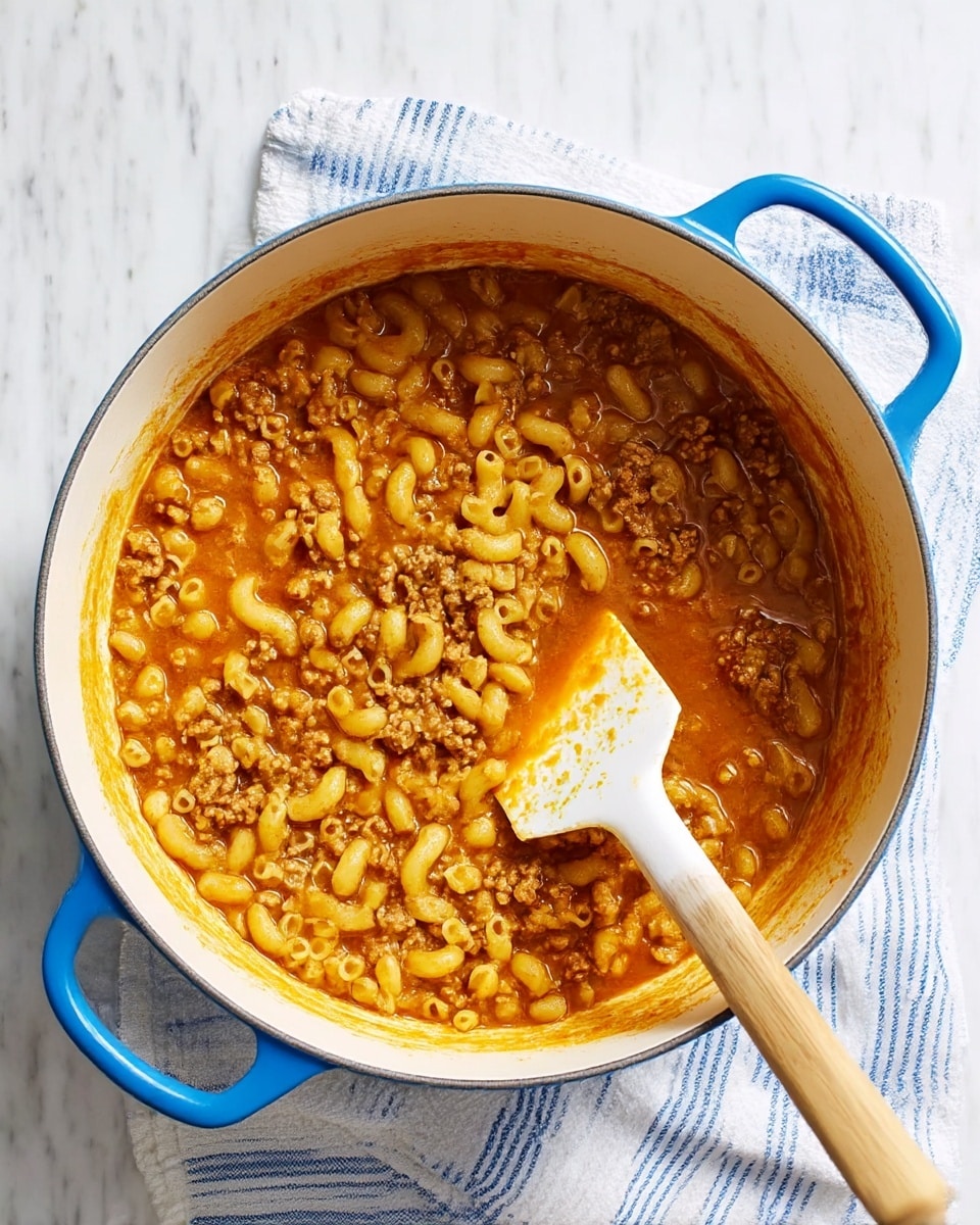 A large white pot with blue handles is filled with cooked elbow macaroni and ground meat in an orange-brown sauce. A white spatula with a wooden handle is inside the pot, partially covered with the sauce and macaroni, positioned near the bottom right side. The pot sits on a folded white cloth with blue stripes, placed on a white marbled surface. The sauce looks thick and covers most of the pasta and meat photo taken with an iphone --ar 4:5 --v 7