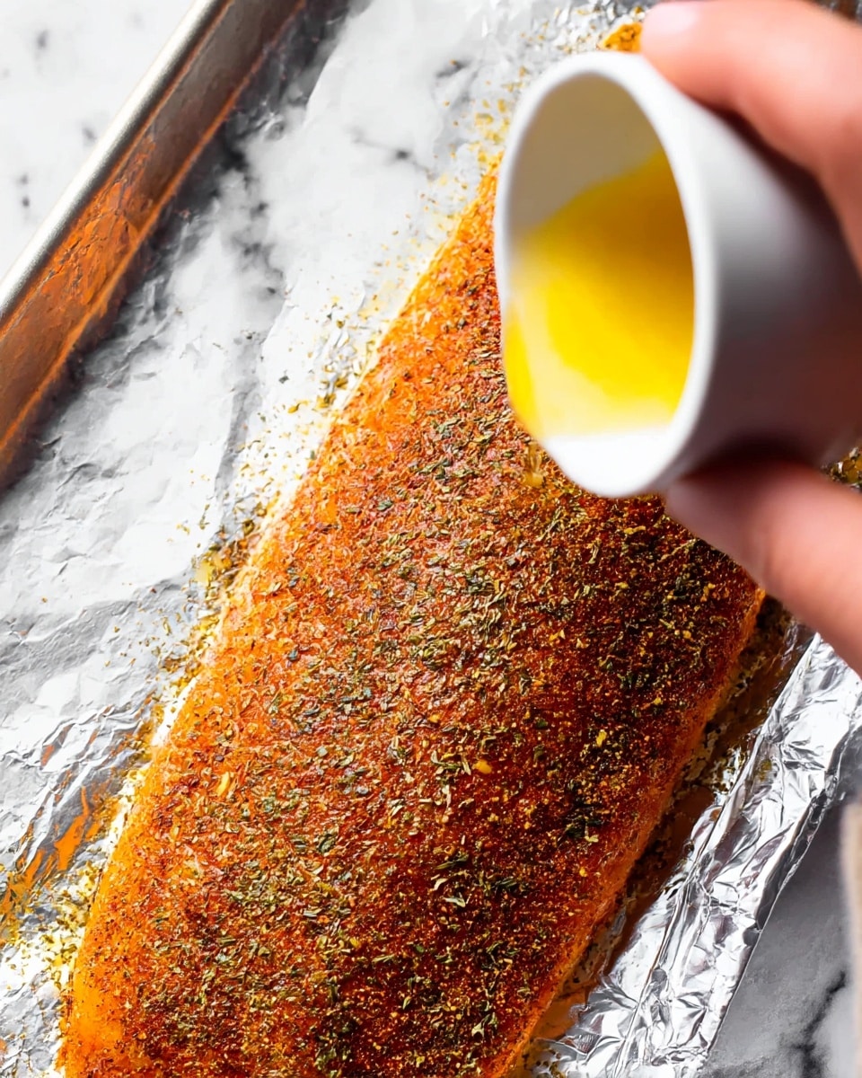 The image shows a close-up view of a large piece of seasoned fish fillet lying on a foil-lined tray. The fish surface is covered in a dry spice rub, creating a textured layer with colors ranging from deep red to brown, mixed with green dried herbs scattered all over. A woman's hand is holding a small white bowl near the right edge of the image, pouring what looks like a yellow liquid or butter onto the fish. The background is a white marbled texture. Photo taken with an iphone --ar 4:5 --v 7
