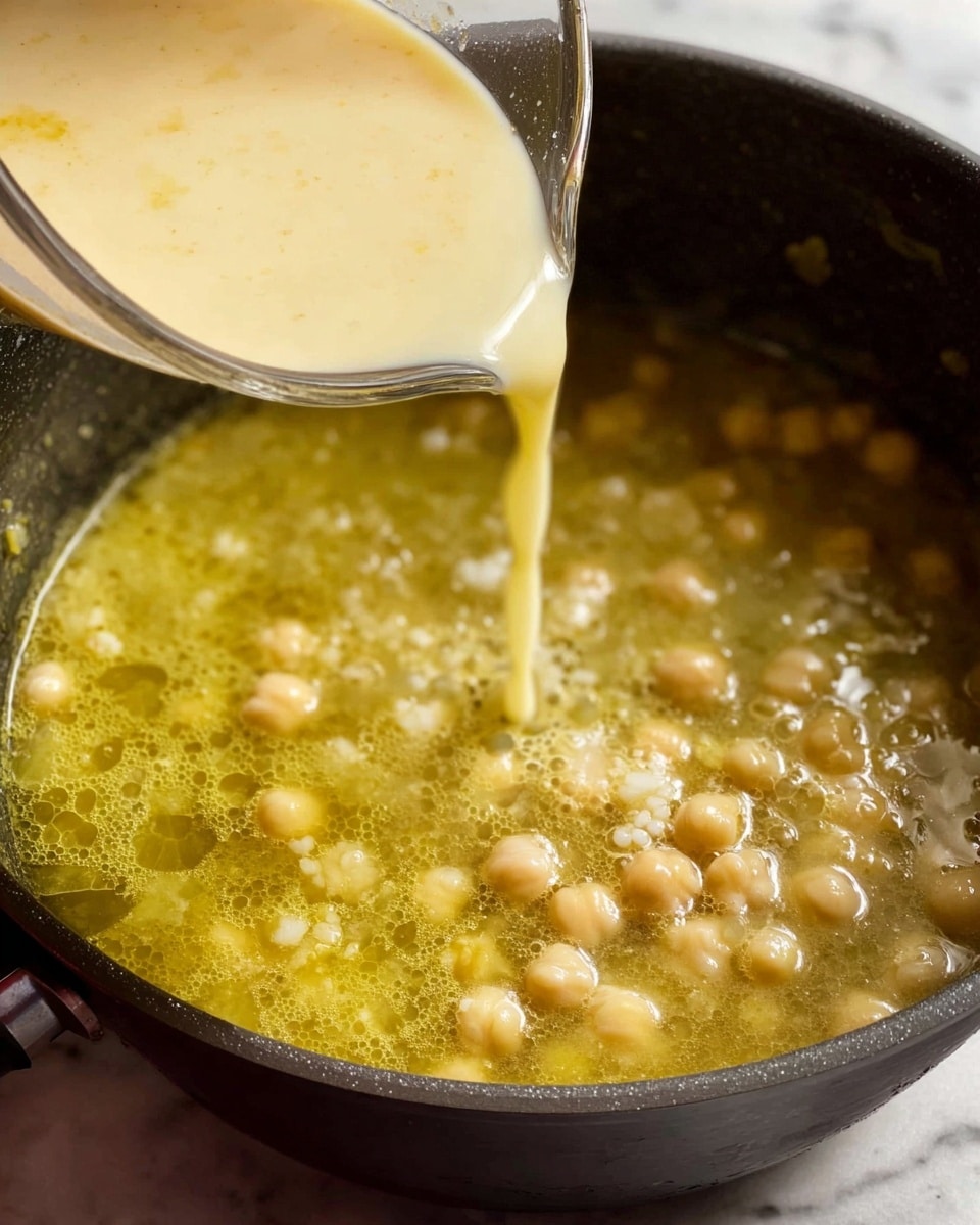 The image shows a close-up of a cooking pot filled with a bubbling yellow-green soup that contains small, round white chickpeas floating throughout the liquid. A clear cup is held above the pot, pouring a light beige creamy liquid into the soup, creating a mixing effect with soft bubbles on the surface. The background is a white marbled texture. photo taken with an iphone --ar 4:5 --v 7