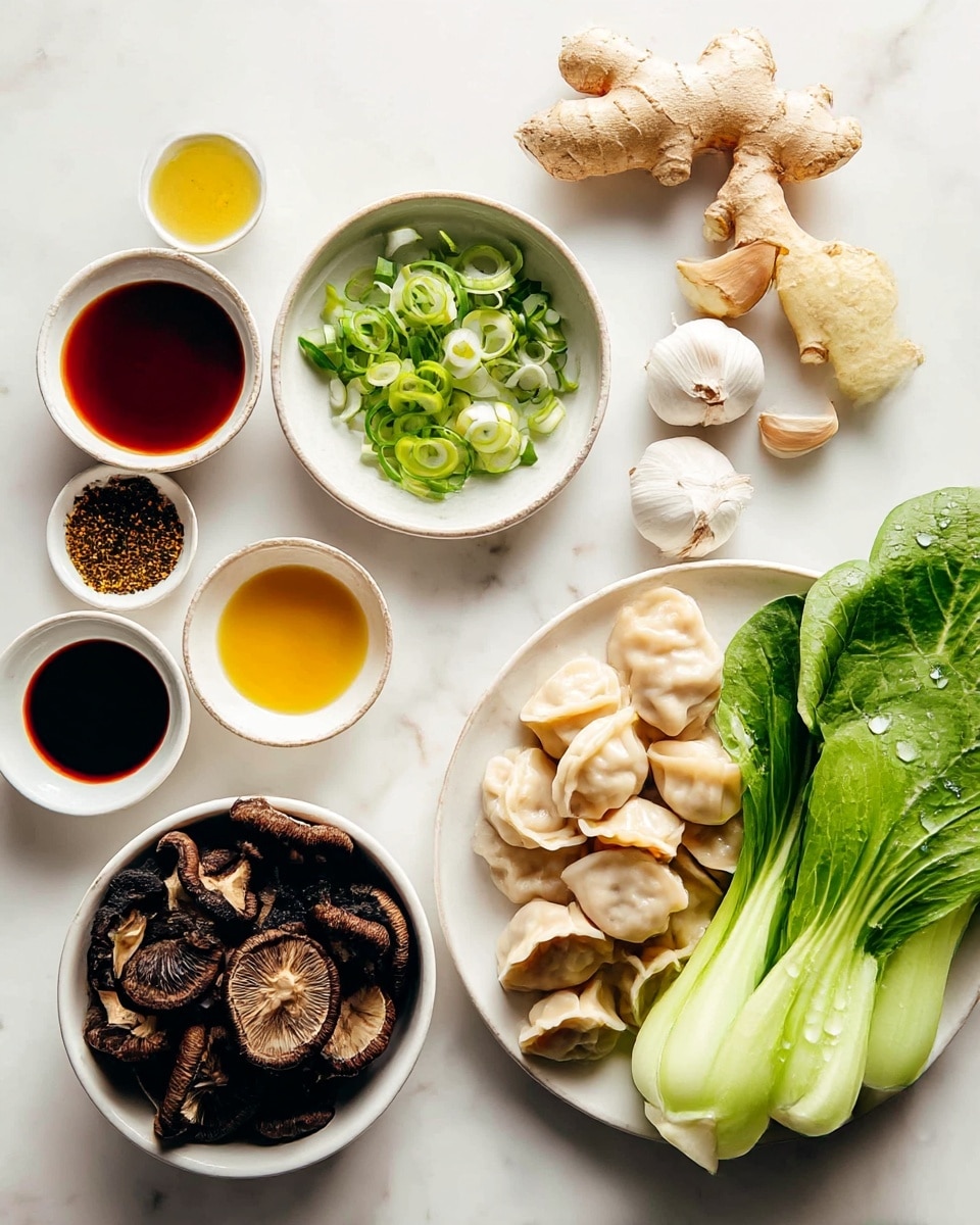 The image shows a bright arrangement of ingredients on a white marbled surface, including a white plate filled with pale dumplings with some light browning, stacked in a small pile near the center-right. To the right of the dumplings, there are two fresh green bok choy leaves with water droplets on them. Above the dumplings, there's a small bowl with chopped green onions, showing a mix of light and dark green rings. Above that, a small bowl with a dark reddish-brown liquid sits next to a white plate that holds fresh ginger root and several cloves of garlic. Near the garlic are three small bowls, one with a yellow liquid with black specks, another with a dark soy sauce, and a third with a light amber sauce. At the bottom-left corner, a white bowl holds dark brown dried mushrooms with various shapes and textures. photo taken with an iphone --ar 4:5 --v 7