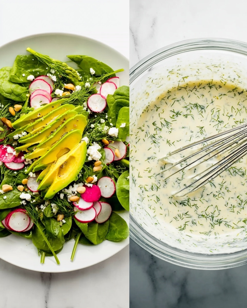 The left image shows a salad on a white plate placed on a white marbled surface. The salad has a base layer of green leafy spinach, evenly spread across the plate. On top of the spinach are slices of bright yellow avocado arranged in small layered fans throughout the salad. There are also thin slices of pink and white radish scattered around, along with small white cheese crumbles and light green asparagus pieces. Some pine nuts are sprinkled on the salad, adding texture and color contrast. The right image shows a close-up of a glass bowl with a creamy light sauce mixed with small bits of green dill or herb, and a metal whisk is partly inside the bowl. The sauce is smooth with fine herb flecks. photo taken with an iphone --ar 4:5 --v 7
