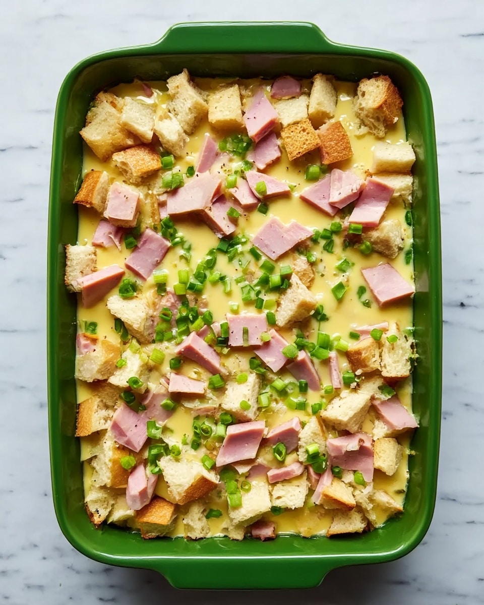 The image shows a green rectangular baking dish filled with three layers visible from top view. The bottom layer consists of large chunks of light golden bread cubes. On top of the bread, there are small pieces of light pink ham evenly spread. Scattered on the ham and bread are green chopped spring onions, adding color contrast. The entire mixture is covered with a pale yellow liquid, likely an egg mixture, filling the gaps between the pieces. The dish is placed on a white marbled surface. photo taken with an iphone --ar 4:5 --v 7