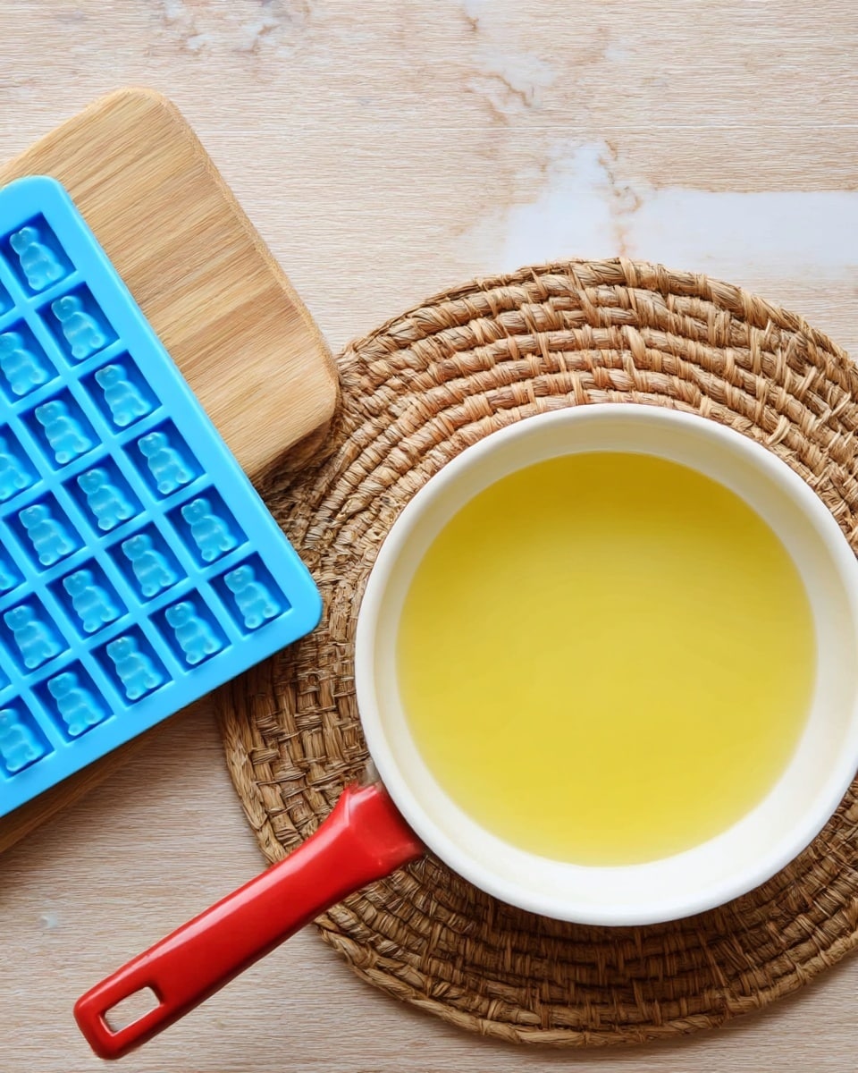 A white pan with a red handle sits on a round woven mat, filled with a smooth, bright yellow liquid that looks shiny and clear. To the left, there is a wooden board holding a blue silicone mold with small gummy bear shapes arranged in neat rows. Both items rest on a light wooden surface replaced by a white marbled texture. photo taken with an iphone --ar 4:5 --v 7
