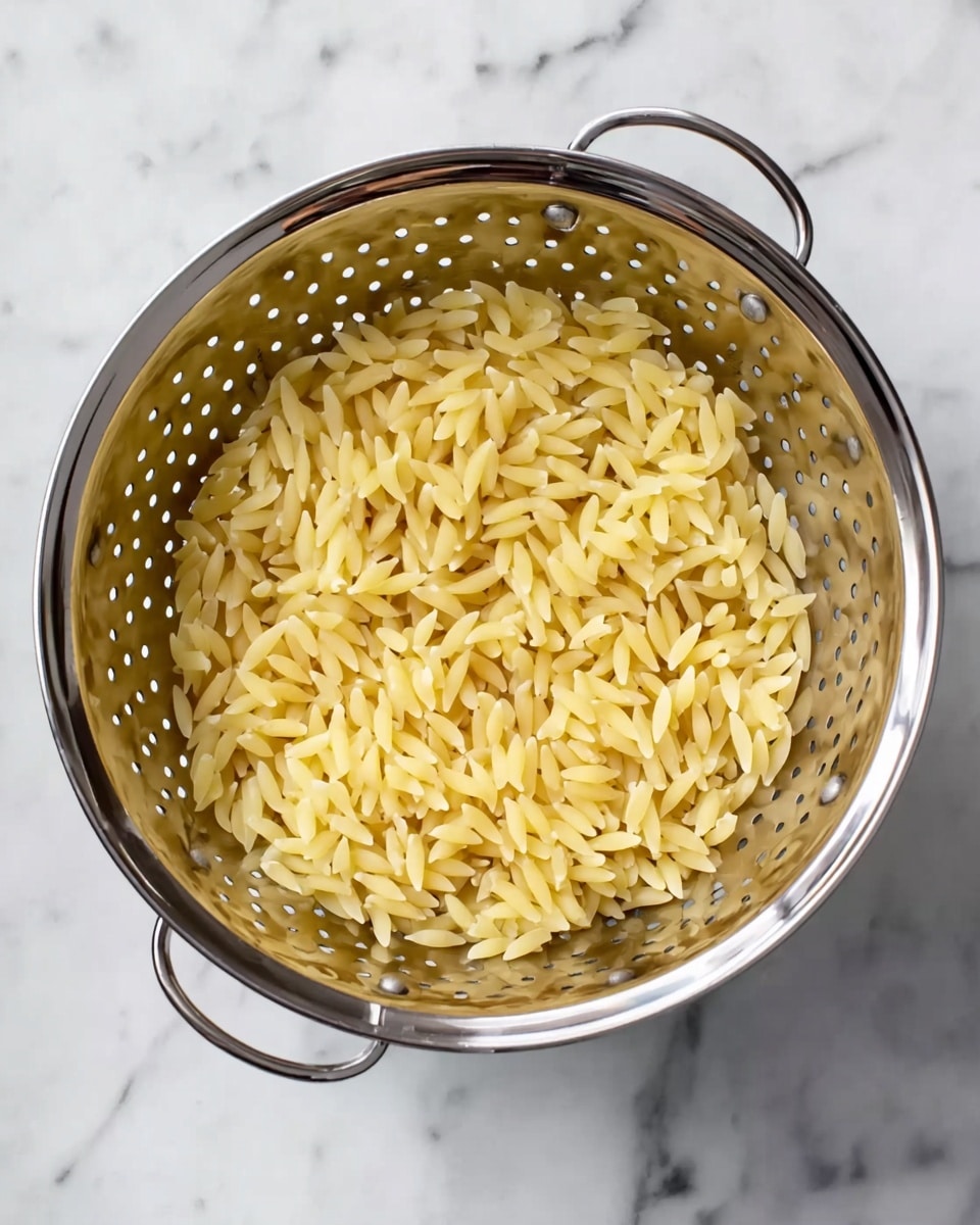 The image shows a shiny silver metal colander filled with small, light yellow pasta pieces on a white marbled surface. The colander has two handles on each side and small round holes on its sides and bottom, allowing water to drain from the pasta. The pasta appears soft and neatly spread inside the colander, with a slightly curved and smooth texture. Photo taken with an iphone --ar 4:5 --v 7