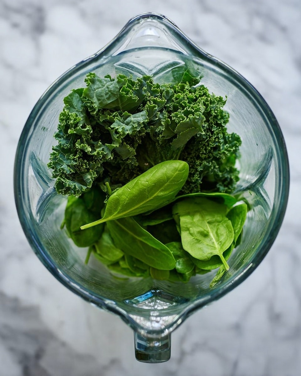 Inside a clear glass blender, there are two layers of fresh leafy greens. The bottom layer is made up of smooth, bright green spinach leaves with visible stems. Above this, there is a layer of curly, darker green kale leaves with a rough and crinkly texture. The blender is placed on a white marbled surface. photo taken with an iphone --ar 4:5 --v 7