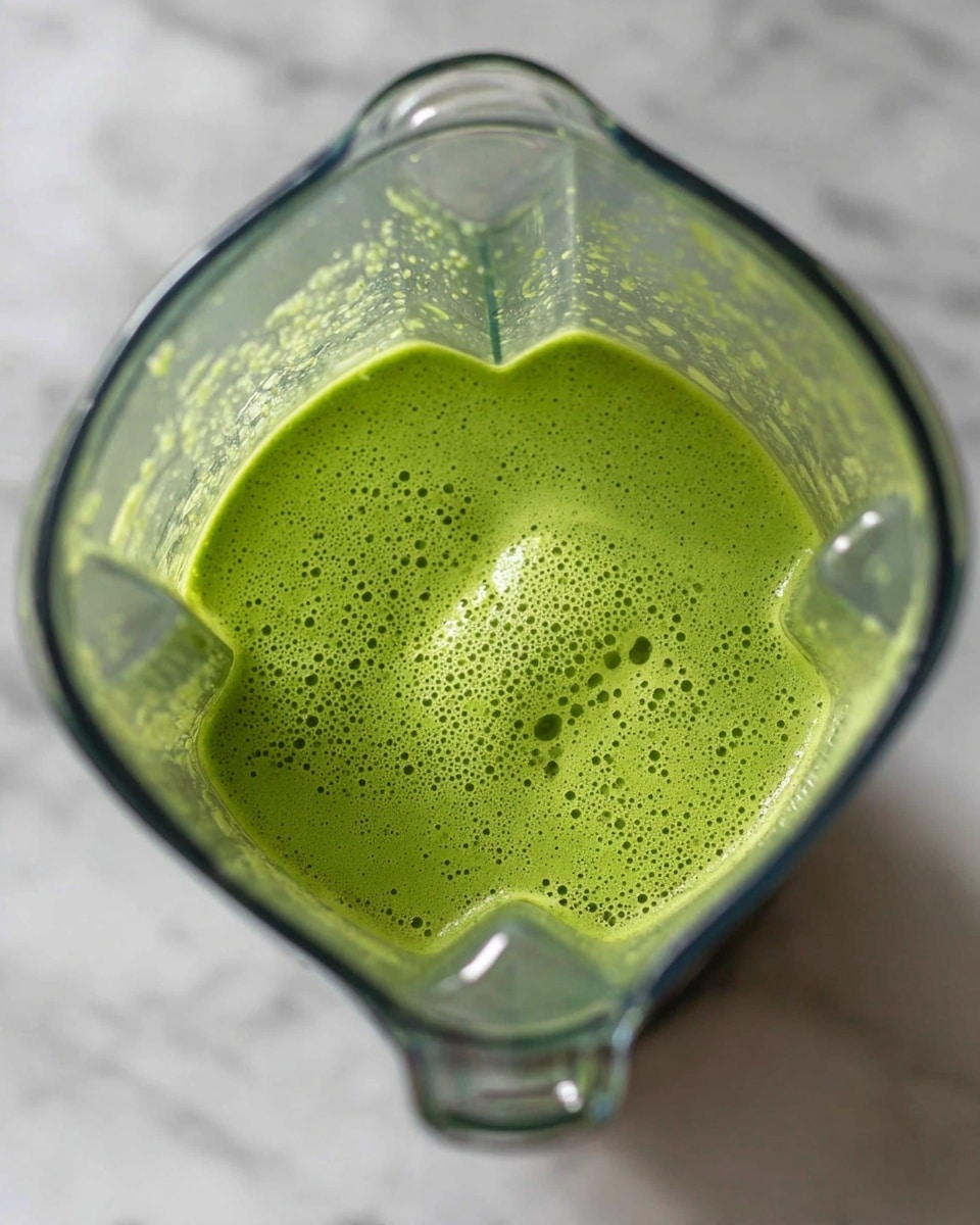 The image shows a tall, clear blender jar filled with a bright green liquid that has a thick, frothy layer covering the surface. The green liquid has small bubbles spread evenly throughout, giving it a light foam texture. The inside walls of the blender jar have some green splashes and streaks of the liquid. The blender is placed on a white marbled surface visible around the jar. Photo taken with an iphone --ar 4:5 --v 7