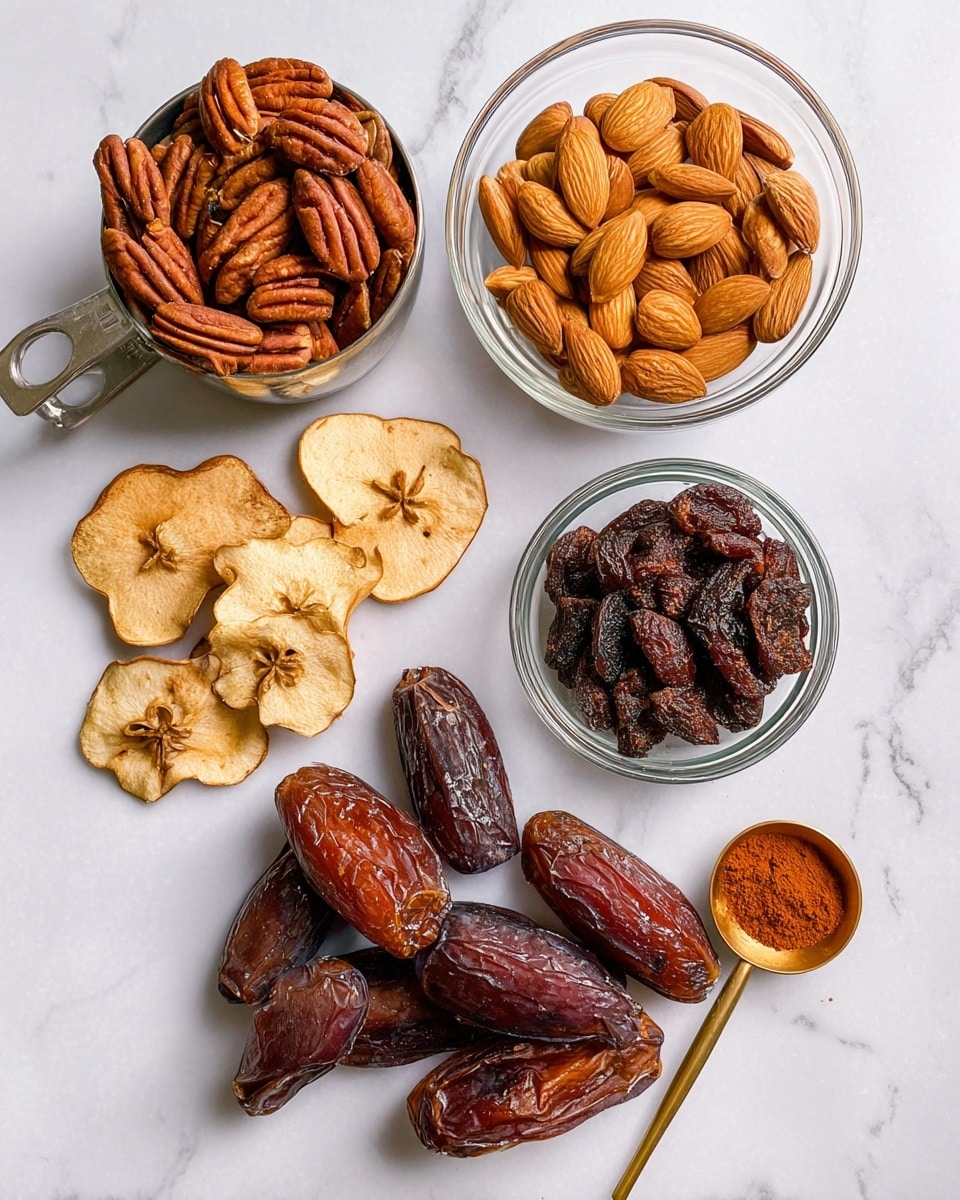 The image shows six groups of ingredients arranged on a white marbled surface: in the top right, a clear glass bowl filled with whole almonds, light brown and smooth; next to it, a smaller clear glass bowl filled with dark brown raisins that are wrinkled; below the almonds, a pile of large, dark brown dates with a shiny and wrinkled skin; to the left of the dates, a small golden measuring spoon filled with reddish-brown cinnamon powder; above the cinnamon, dried apple slices with a light beige color and a rough, uneven texture; and near the top left, a metal measuring cup filled with pecans, rich brown and grooved. photo taken with an iphone --ar 4:5 --v 7