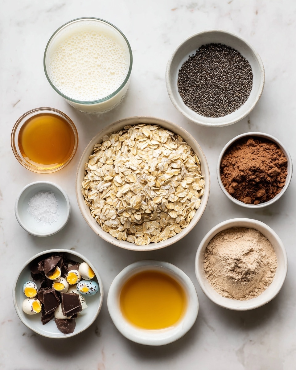 The image shows a top-down view of several white bowls and a clear glass filled with ingredients arranged on a white marbled surface. In the center is a large white bowl full of pale yellow rolled oats. Above it, there is a white bowl filled with small black basil seeds. To the right side, two white bowls hold amber-colored liquids labeled vanilla and maple syrup. At the bottom is a smaller white bowl with coarse salt, showing a sandy light texture. To the left of the oats, a white bowl contains broken pieces of Cadbury mini eggs with a mix of brown, yellow, and white colors. Nearby, a small white bowl holds a light brown protein powder, and behind it slightly above, another white bowl is filled with rich brown cocoa powder. At the center left is a clear glass filled with white almond milk, showing some bubbles on the surface. photo taken with an iphone --ar 4:5 --v 7