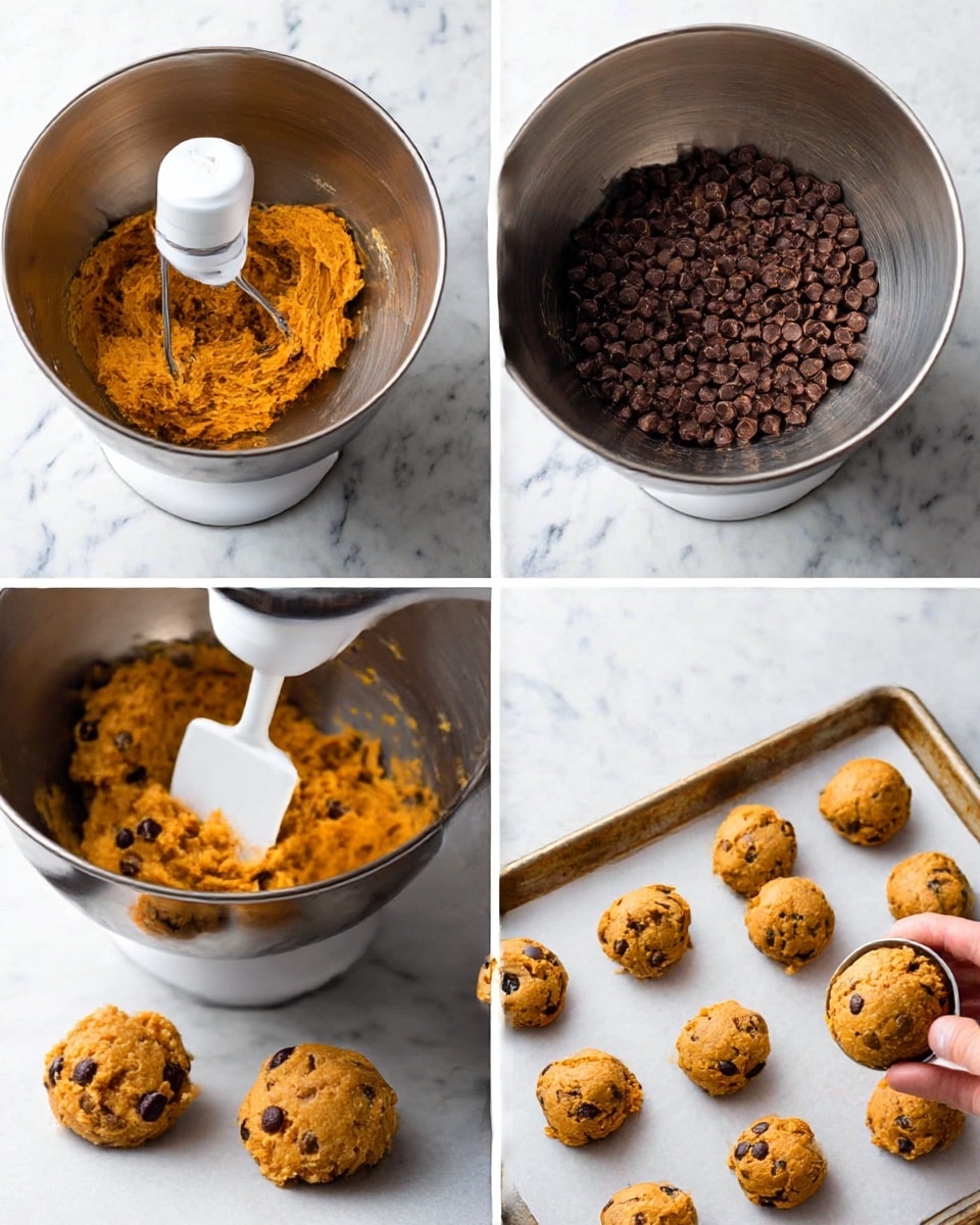 The image shows four steps in making cookie dough. The first part has orange-brown dough in a shiny silver mixing bowl with a white mixer paddle inside. The second shows the same dough mixed with many dark brown chocolate chips on top in the same bowl. The third shows the dough mixed with chocolate chips evenly spread inside the bowl with a white spatula resting inside. The last part shows 15 rounded scoops of dough with chocolate chips placed in rows on white paper lined on a baking tray, with a woman's hand holding a round scoop. All images have a white marbled texture background photo taken with an iphone --ar 4:5 --v 7