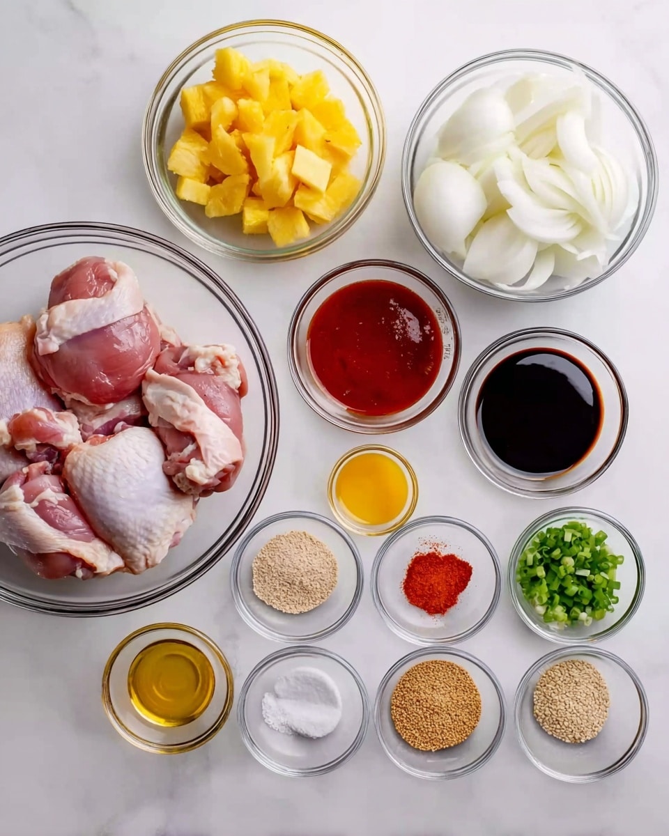The image shows multiple clear glass bowls arranged neatly on a white marbled surface. On the left, there is a large bowl with four pieces of raw chicken with pink skin and white fat. To its right, a medium bowl holds white sliced onions with a shiny, smooth texture. Above the onion bowl, a small bowl contains bright yellow pineapple chunks. Next to the pineapple, there is a small bowl with thick dark red sauce, followed by a small bowl with dark brown soy sauce. Another small bowl has finely chopped green onions with a fresh look. Below those, several small bowls hold various white powders, light brown sugar, sesame seeds, golden yellow oil, and spices like an orange powder and white granules. A woman's hand is not visible, but the bowls are all tidy and clearly show the ingredients in layers or groups by color and texture. Photo taken with an iphone --ar 4:5 --v 7