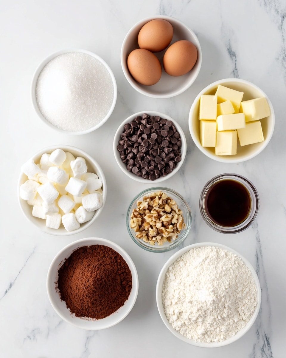 The image shows a flat lay of various baking ingredients placed on a white marbled surface. On the top left is a white bowl filled with fine white sugar, and next to it are three brown eggs positioned in a triangular shape. To the right of the eggs, a white bowl is filled with small dark chocolate chips. Below the sugar bowl is a white bowl containing small cubes of pale yellow butter. In the center is a small clear glass bowl with white salt. Below the butter cubes rests a white bowl of light to medium brown chopped nuts. To the right of the nuts is a white bowl filled with small white mini marshmallows. Near the bottom left corner sits a white bowl containing soft, reddish-brown cocoa powder. To the right of the cocoa powder bowl, a small clear glass bowl holds a dark brown liquid vanilla extract. Finally, the bottom right corner shows a white bowl filled with white flour, clearly textured with clumps. photo taken with an iphone --ar 4:5 --v 7