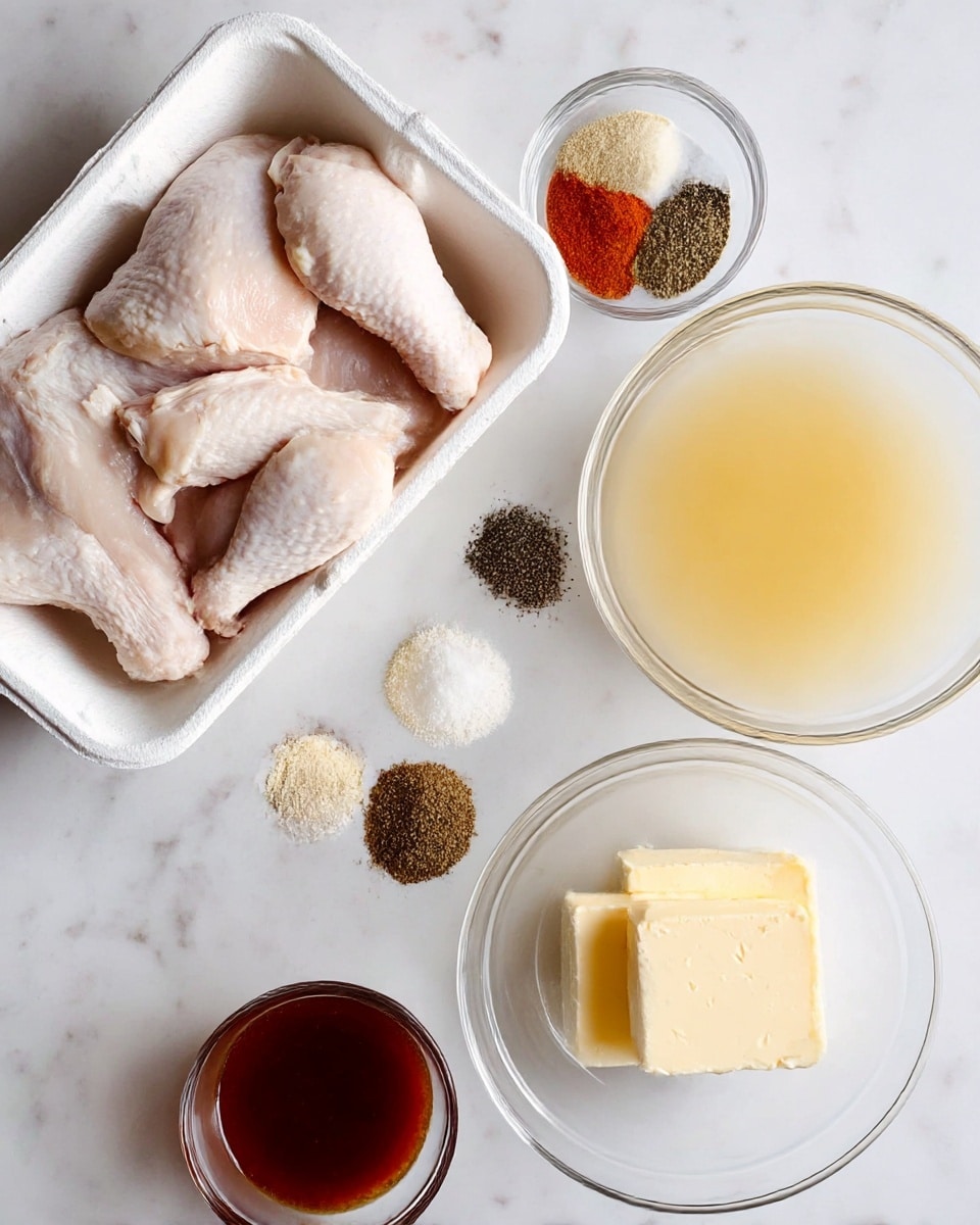 The image shows a white foam tray on the top left holding several pieces of raw pale pink chicken with skin. To the right, a white bowl contains various dry spices arranged in small piles with different colors: white, black, red, and brown. Below the chicken tray, a clear glass bowl holds two pale yellow butter squares. To the right, a large white bowl is filled with a light yellow liquid. On the bottom left, a small glass holds a dark reddish-brown sauce. All items are placed on a white marbled surface. photo taken with an iphone --ar 4:5 --v 7