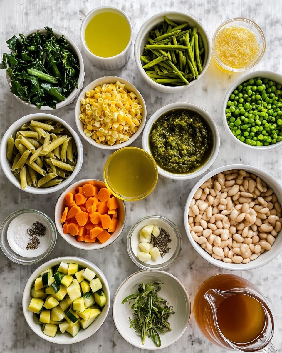 A top-down view shows 14 small white bowls on a white marbled surface arranged in a loose circle filled with fresh cooking ingredients. From the left top clockwise, the bowls contain chopped leafy greens in dark green, golden olive oil, small yellow pasta, cut green asparagus, green chunky pesto sauce, a clear cup of light yellow lemon juice, white salt, a white bowl with peeled and minced garlic, a white bowl with whole green peas, a white bowl with chopped yellow potatoes, two small white plates with herbs and black pepper, a bowl with cubed orange carrots and light green celery, a small clear bowl of salt or grated cheese, a bowl with chopped white onions, a bowl with chopped green zucchini, and a large bowl in the center filled with white beans. To the right side, a clear glass pitcher contains amber-colored broth. The photo taken with an iphone --ar 4:5 --v 7