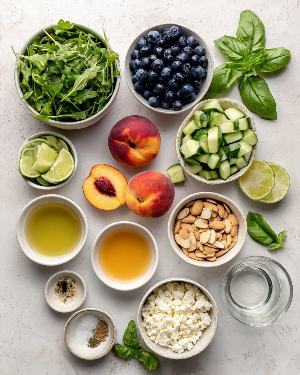 The image shows an overhead view of a white marbled background with various ingredients arranged neatly. At the top left, there is a round bowl filled with fresh green arugula leaves. Next to it on the right, a similar bowl holds small, round dark blueberries. Below the arugula is a white bowl containing chopped green cucumber pieces. In the center, four whole peaches with red and orange skin lie arranged close together. To the right of the peaches, two lime halves show a bright green inside. Below the cucumbers is a small bowl with golden honey, beside which is a white bowl filled with pale yellow light olive oil. To the right, two small bowls hold salt and pepper and light yellow Dijon mustard respectively. A larger bowl to the bottom right contains slivered almonds in a light brown color. Near the bottom center, a bowl is filled with small white crumbles of feta cheese. Fresh green basil leaves rest to the left side, adding a natural leafy touch. A small clear glass bowl of white wine vinegar completes the setup at the bottom right. The composition is clean and orderly with natural colors prominent. photo taken with an iphone --ar 4:5 --v 7