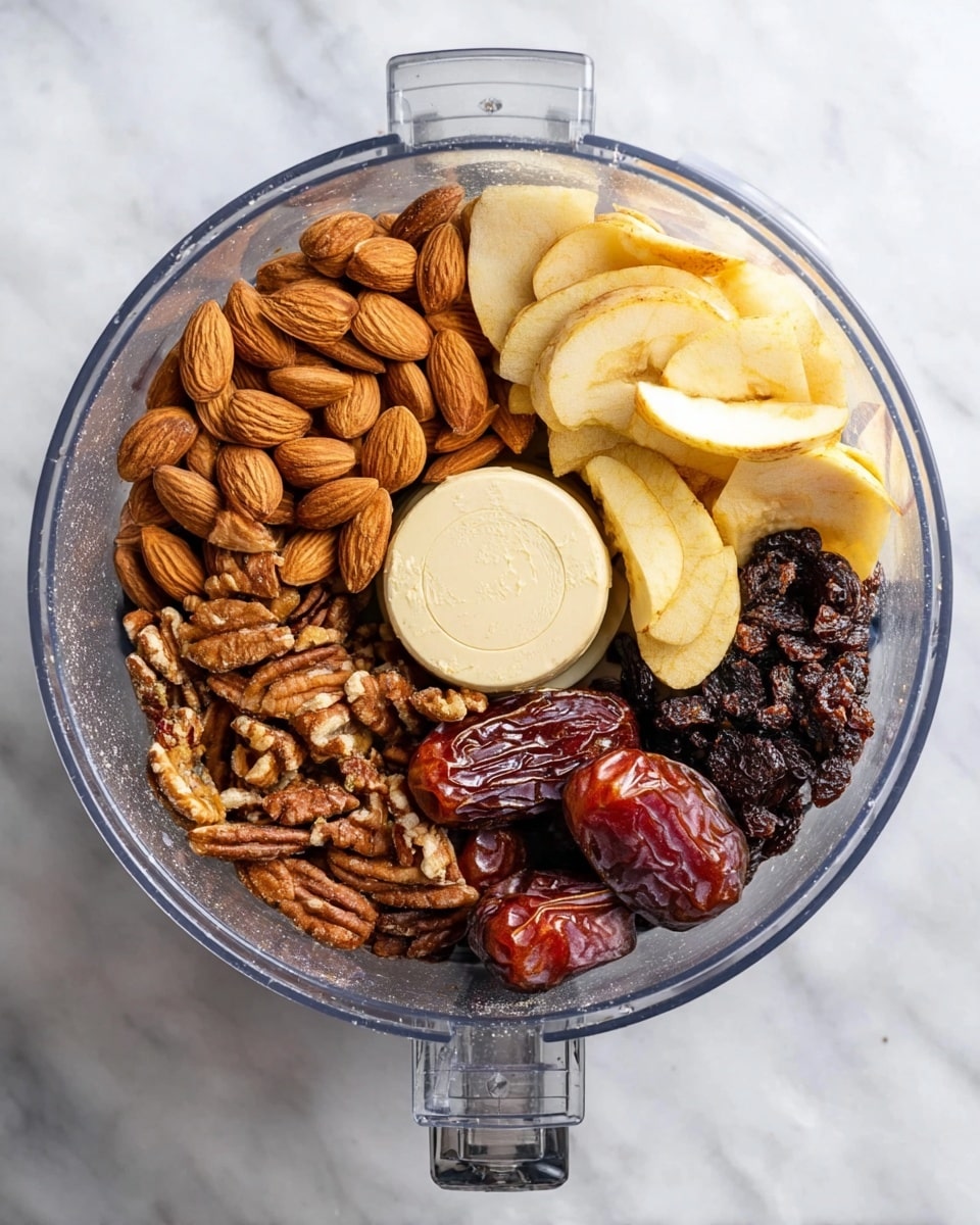 A clear food processor bowl is filled with five distinct layers of ingredients. On the left side, there is a cluster of whole almonds, light brown in color with a smooth texture. At the top right, several dried apple slices are stacked, pale yellow with a slightly wrinkled look. To the bottom right, small dark brown raisins form a compact pile. Next to the raisins, at the bottom center, are pecans with a warm brown color and rough, grooved surface. Finally, below the almonds and near the center, a few large, reddish-brown dates with shiny, slightly wrinkled skin are present. The food processor is on a white marbled surface. Photo taken with an iphone --ar 4:5 --v 7