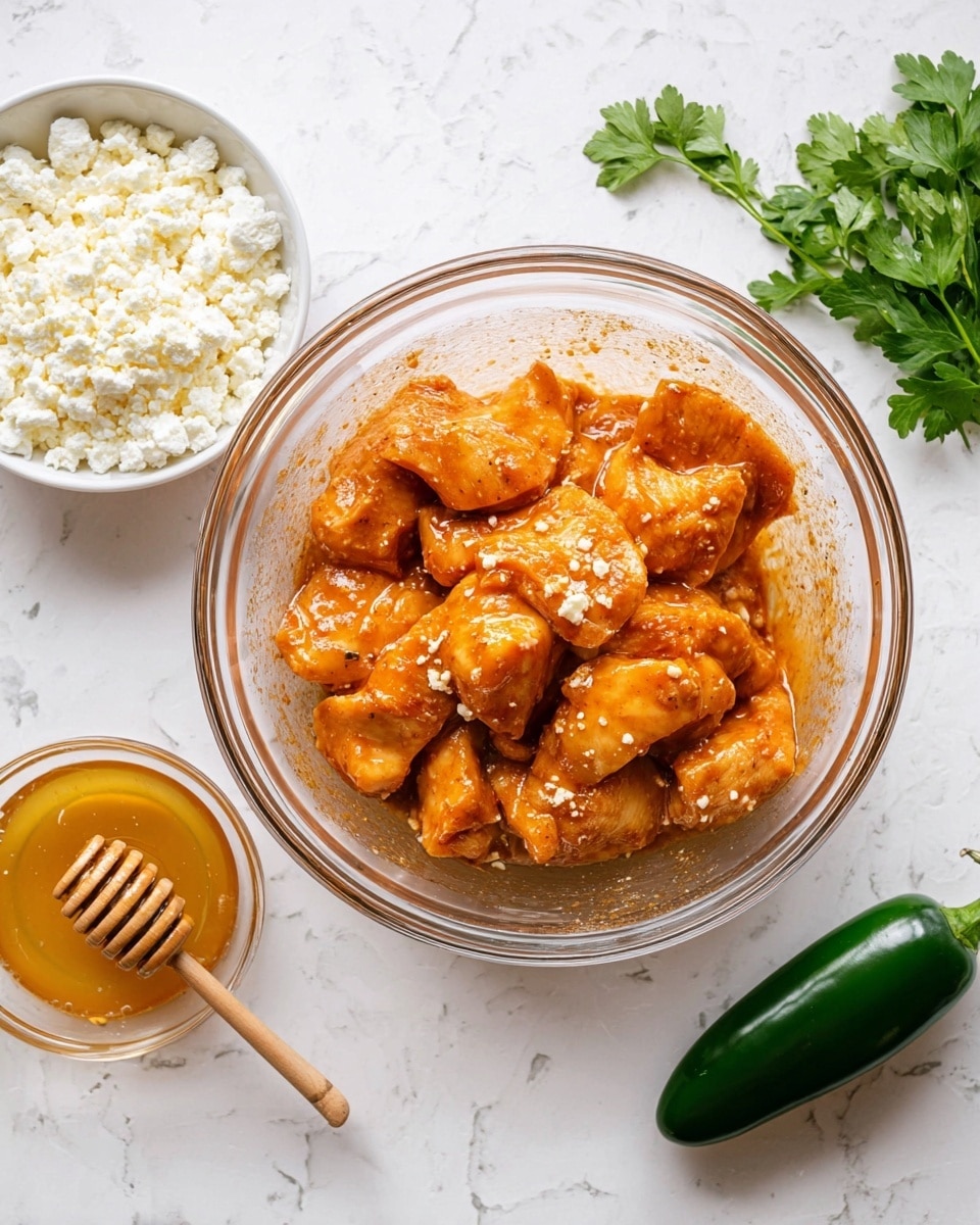 A clear glass bowl filled with several pieces of raw chicken coated in a reddish-orange marinade sits in the center on a white marbled surface. To the left of the bowl is a small white bowl filled with crumbled white cheese and next to it is a small clear bowl of golden honey with a wooden honey dipper resting inside. On the right side of the chicken bowl, fresh green parsley leaves and a whole dark green jalapeño pepper lie on the white marbled surface. The colors range from the bright orange of the marinated chicken to the fresh green of the herbs and pepper, with the white cheese adding a lighter contrast. Photo taken with an iphone --ar 4:5 --v 7