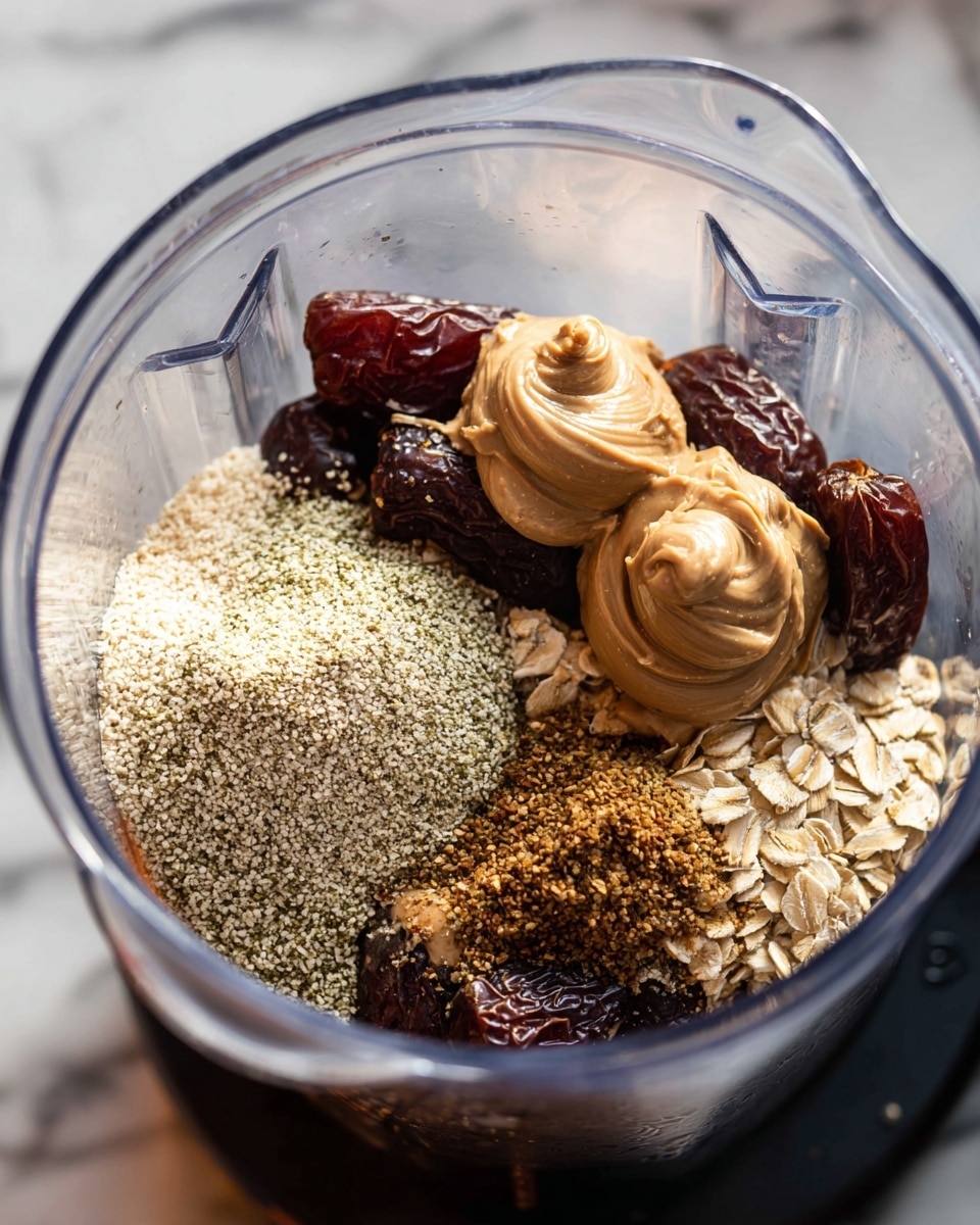 A clear blender bowl filled with layers of ingredients: at the bottom, dark brown sticky dates forming the first layer; to the right, a small stack of beige rolled oats; on top of the oats, light brown creamy almond butter dolloped in two swirls; to the left of the almond butter, a pile of small pale hemp seeds; and finally, sprinkled over the almond butter and near the center, light tan ground flaxseed. The blender bowl sits on a white marbled surface. photo taken with an iphone --ar 4:5 --v 7