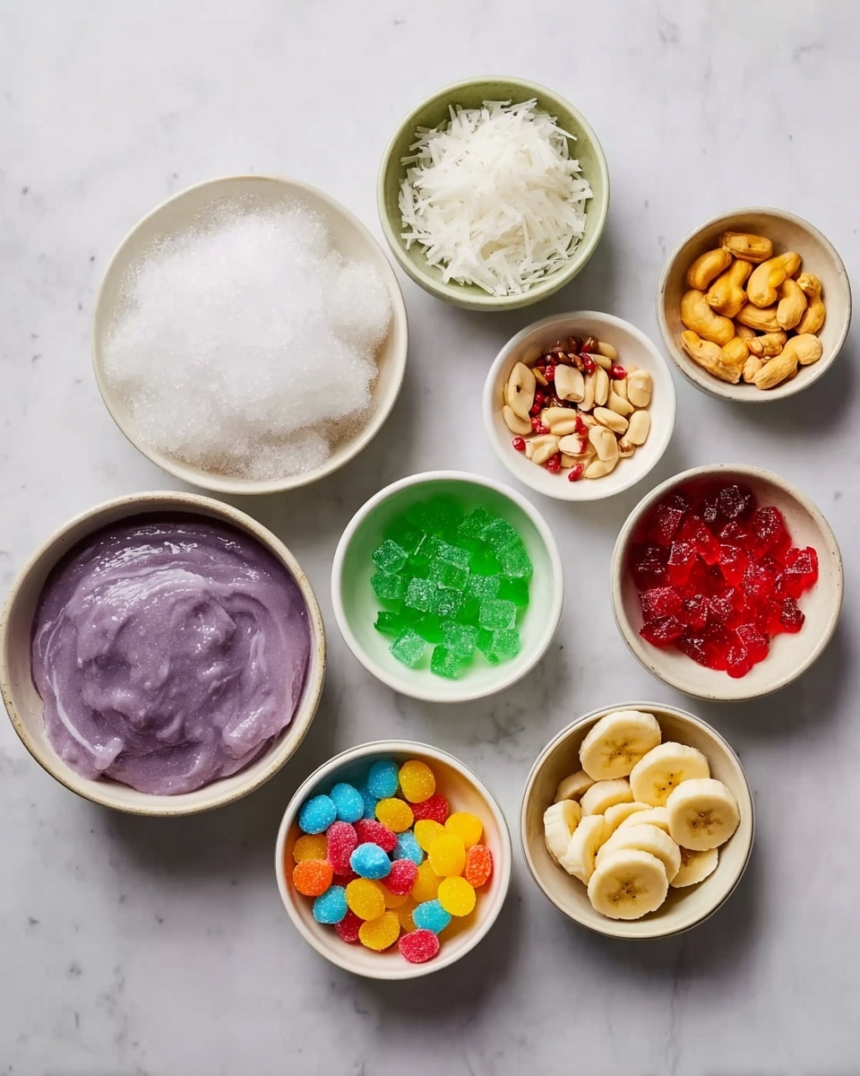 A top-down view of 10 small white bowls arranged in a loose circle on a white marbled surface. The bowls contain different ingredients: the largest on the upper left is filled with shaved ice, below it is purple taro paste with a smooth texture, next to it a small bowl with thin white coconut strips, and beside it a bowl of green jelly cubes. On the upper right are bowls with small pomegranate seeds, red jelly cubes, pale yellow peanuts, and dried mango slices. In the lower right, a bowl holds bright multicolored candy pieces, and the last bowl has thinly sliced banana rounds. The bowls are clean and simple, showing off the bright and varied colors of the ingredients. photo taken with an iphone --ar 4:5 --v 7