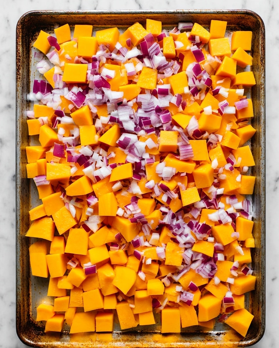 A baking tray filled with two layers of diced vegetables on a white marbled surface: the bottom layer is bright orange cubes of butternut squash with a smooth, slightly shiny texture, and the top layer is small pieces of chopped red onion with a mix of white and purple colors, scattered evenly over the squash. The edges of the tray show some signs of use, giving a rustic feel. Photo taken with an iphone --ar 4:5 --v 7