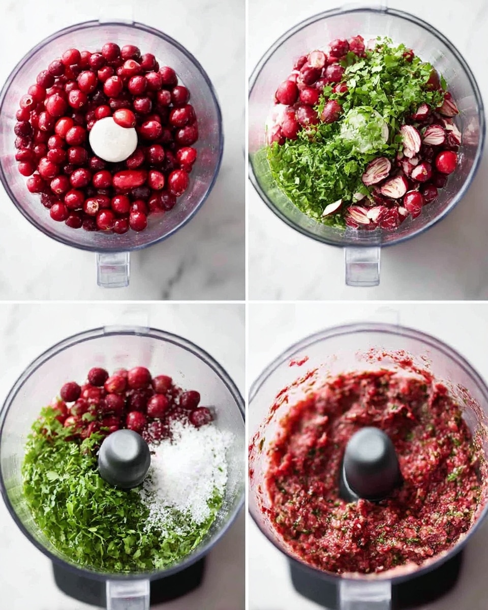 A food processor is shown in four close-up images placed on a white marbled surface. The first image shows a layer of whole red cranberries filling the clear bowl. The second image shows the cranberries roughly chopped, revealing their light red inside and some seeds. The third image adds a layer of bright green cilantro leaves and white granulated sugar on top of the chopped cranberries. The last image shows the mixture finely blended, forming a textured paste of red and green colors with small bits visible. Photo taken with an iphone --ar 4:5 --v 7