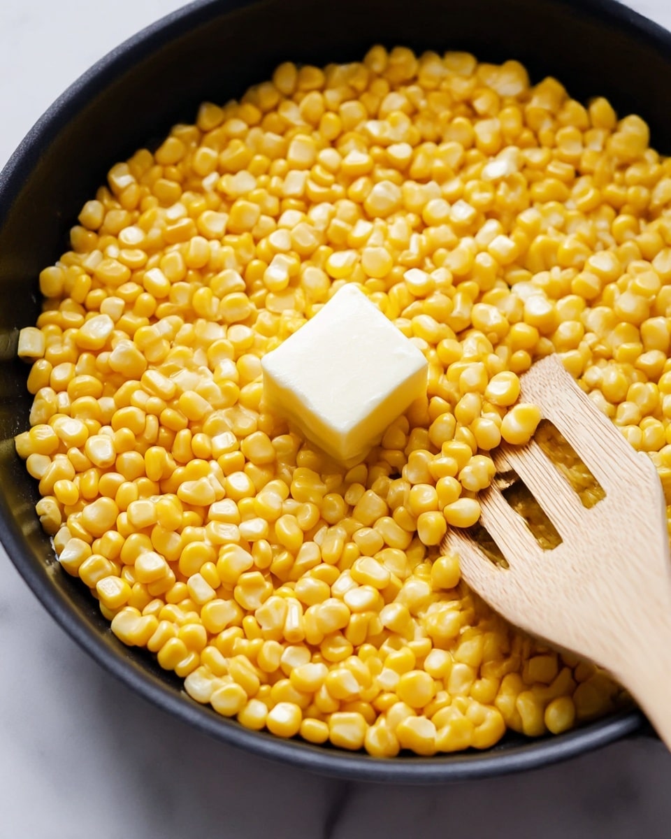 A close-up of a black pan filled with bright yellow corn kernels covering the whole bottom. At the center of the pan, there is a white cube of butter melting on top of the corn. To the right side, a light-colored wooden spatula with three slits is partly inside the pan, slightly lifting some corn kernels. The pan is set on a white marbled surface. photo taken with an iphone --ar 4:5 --v 7