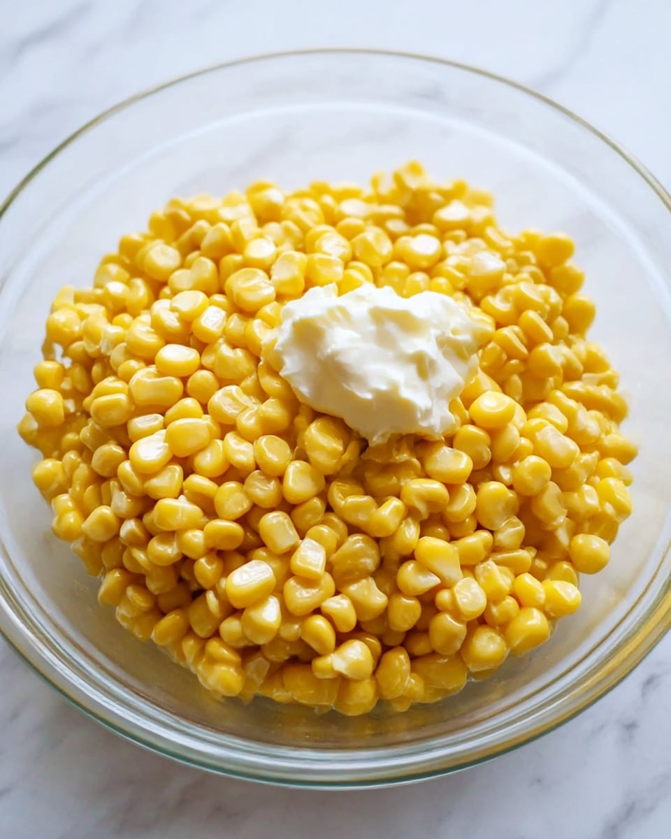 A clear glass bowl filled with bright yellow corn kernels that look soft and shiny, with a small dollop of white creamy sauce placed on top near the center. The bowl sits on a white marbled surface, and the image is close-up showing the texture of the corn and sauce clearly. photo taken with an iphone --ar 4:5 --v 7