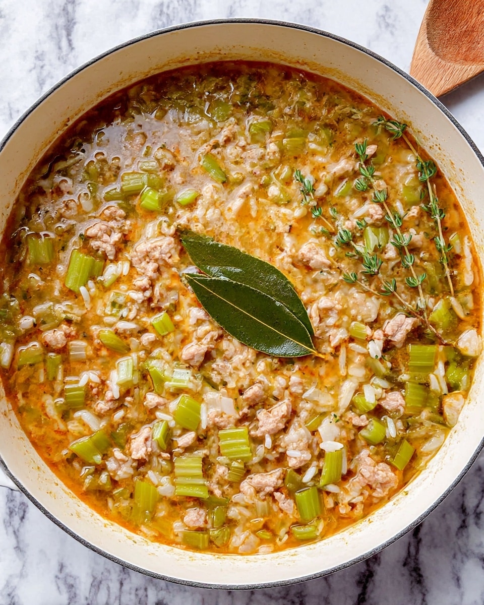 A white pan is filled with a cooked mixture of small pieces of light brown meat, chunky bright green celery, white grains of rice, and translucent white onion pieces, all in an orange-tinted broth. In the center, there is a green bay leaf and a few sprigs of fresh green thyme on top. The scene is set on a white marbled surface with a wooden spoon resting near the pan’s edge. photo taken with an iphone --ar 4:5 --v 7