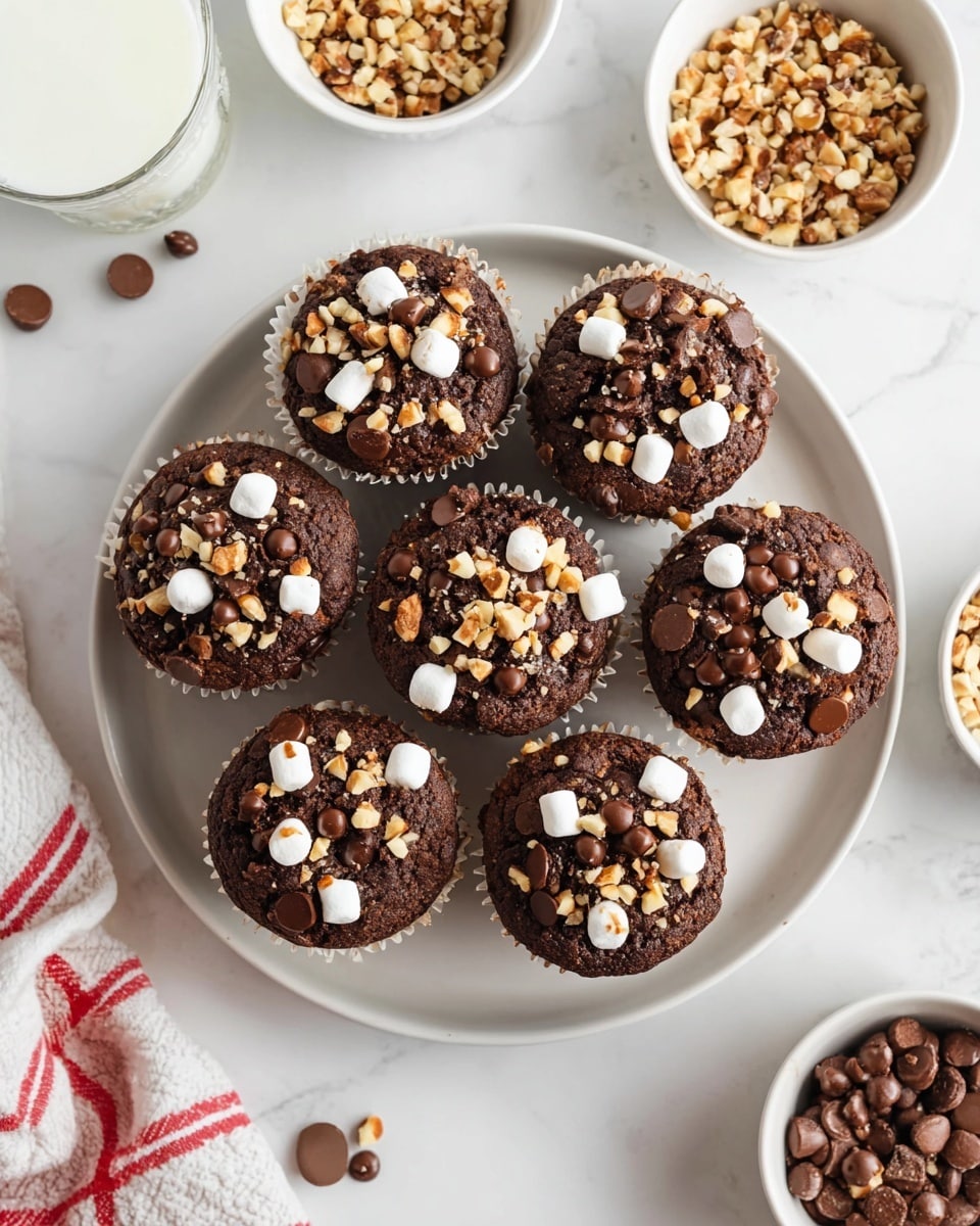 Seven chocolate muffins are set in a round white plate on a white marbled surface. Each muffin has a dark brown chocolate base with visible chunks of chocolate chips, small white marshmallows, and small pieces of chopped nuts scattered on top. Surrounding the plate are small white bowls filled with chopped nuts, and a glass of milk. The scene has a soft natural light, making the colors and textures clear and inviting. photo taken with an iphone --ar 4:5 --v 7