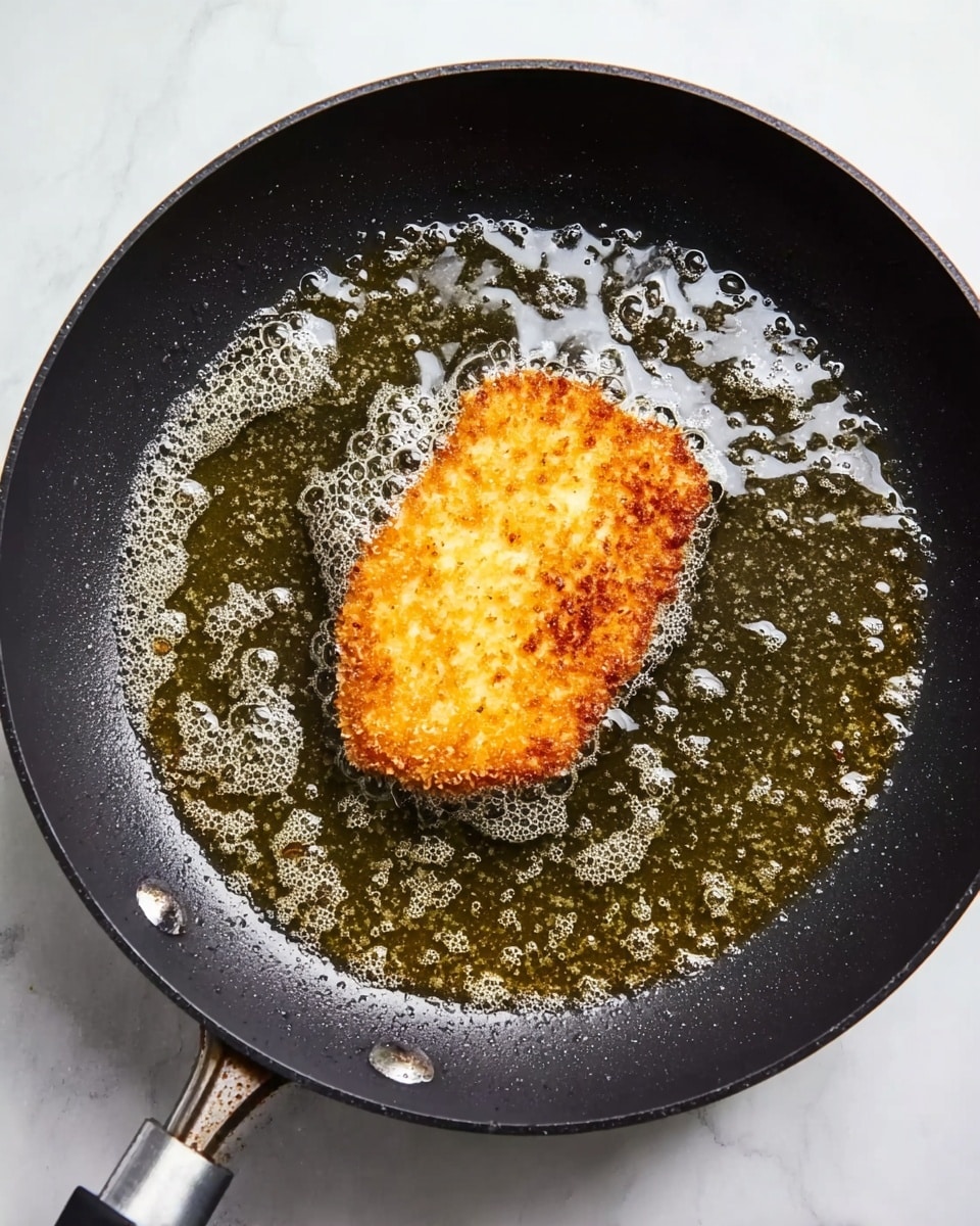 A non-stick black frying pan with a single golden brown fried piece of breaded food in the center, sizzling in bubbling hot oil. The breaded piece has a crispy texture with some darker browned spots, surrounded by small frothy bubbles in the oil. The pan is placed on a white marbled surface. photo taken with an iphone --ar 4:5 --v 7