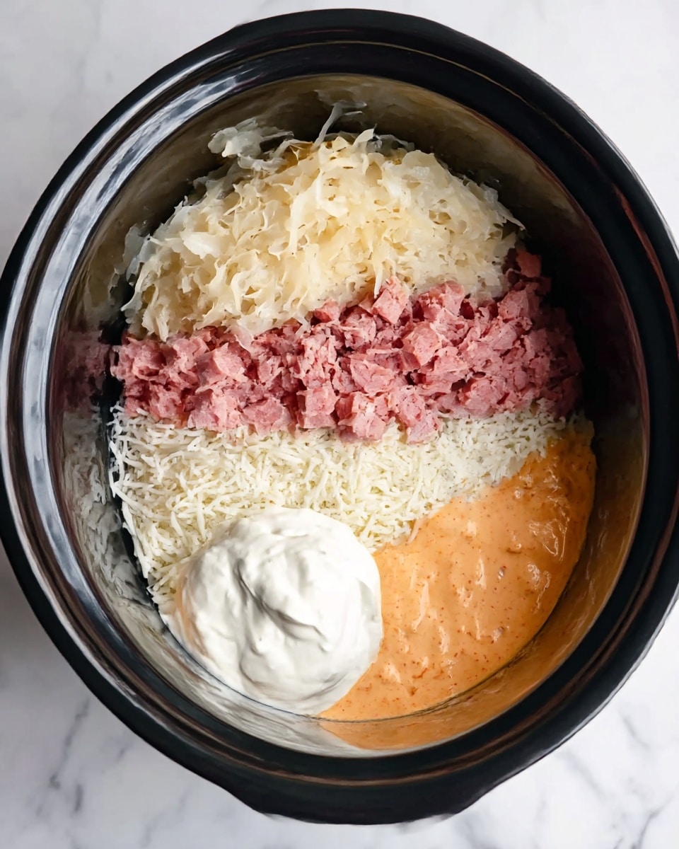 The image shows a close-up of a black slow cooker with five layers of ingredients inside, all arranged side by side. Starting at the top, there is a layer of pale sauerkraut with a stringy texture, followed clockwise by a pile of small, pink chopped meat pieces. Below the meat, there is a layer of white shredded cheese with a soft, crumbly texture. Next, there is a big dollop of thick white sour cream, and lastly, a layer of light orange creamy sauce with a smooth texture. The cooker is placed on a white marbled surface. photo taken with an iphone --ar 4:5 --v 7