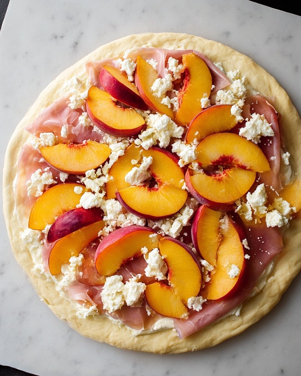 A round pizza dough base with a smooth, pale cream color sits on a white marbled surface. The first layer is thin slices of pale pink prosciutto spread evenly across the dough. On top is a layer of crumbly white cheese, scattered generously. The final layer consists of fresh peach slices, vibrant orange with red blushes on the edges, laid evenly over the cheese. The peach slices add bright color and texture contrast on top of the creamy and soft layers below. Photo taken with an iphone --ar 4:5 --v 7