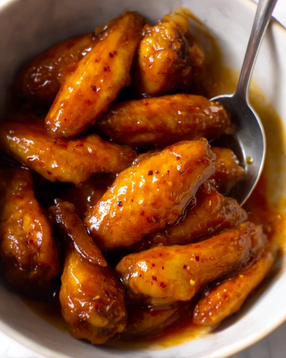 A close-up view of a bowl filled with sticky golden brown chicken wings coated in a shiny, thick sauce that looks both sweet and spicy, the wings are arranged randomly inside the bowl with a metal spoon resting on the right side, the sauce has a glossy texture with small visible spices spread throughout, all set against a white marbled background photo taken with an iphone --ar 4:5 --v 7
