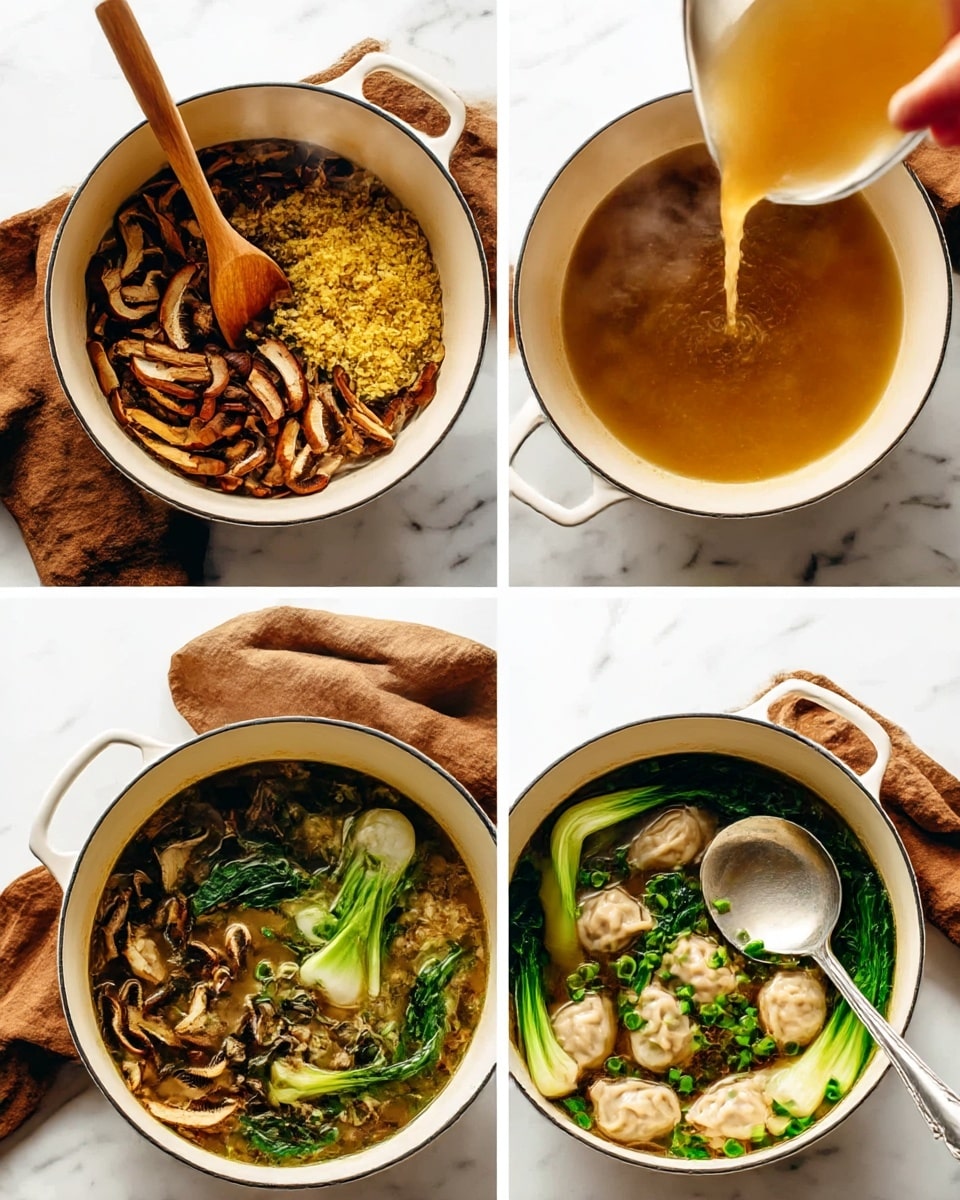The images show a white pot on a white marbled surface with a brown cloth beneath, containing a cooking process in four steps. The first layer inside the pot is thinly sliced brown mushrooms scattered evenly with a wooden spoon stirring them. On top of the mushrooms is a rough, yellow grated or chopped ginger layer. In the second image, a light brown broth is being poured into the pot over the mushrooms and ginger, causing some steam to rise. In the third image, the pot is filled with broth covering green leafy bok choy and several pale dumplings floating inside, sprinkled lightly with chopped green onions. The fourth image shows the finished dish with dumplings, bok choy, mushrooms, and green onions in the brown broth, with a silver ladle inserted into the pot. Photo taken with an iphone --ar 4:5 --v 7