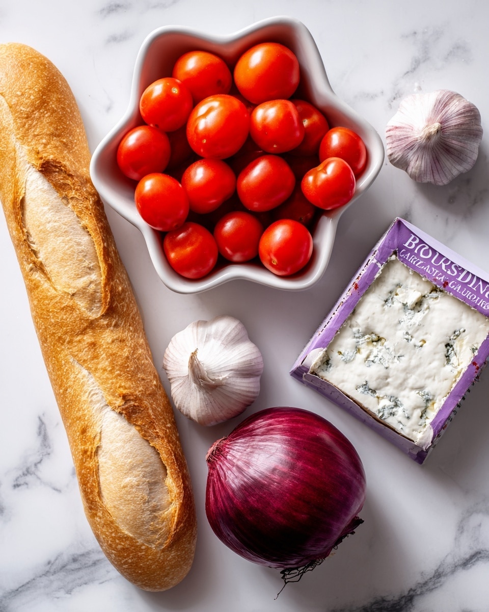 The image shows a top view of five ingredients on a white marbled surface: a cluster of bright red grape tomatoes in a white star-shaped bowl on the left, a purple and white box of Boursin shallot & chive cheese near the center, a whole head of garlic below the cheese box, a shiny whole red onion to the right of the garlic, and a long golden brown baguette bread at the bottom left corner. The top right corner shows part of a white ceramic dish. The colors are vibrant and the textures are clear, with the shiny tomatoes and smooth onion contrasting with the rough garlic and crusty bread. Photo taken with an iphone --ar 4:5 --v 7
