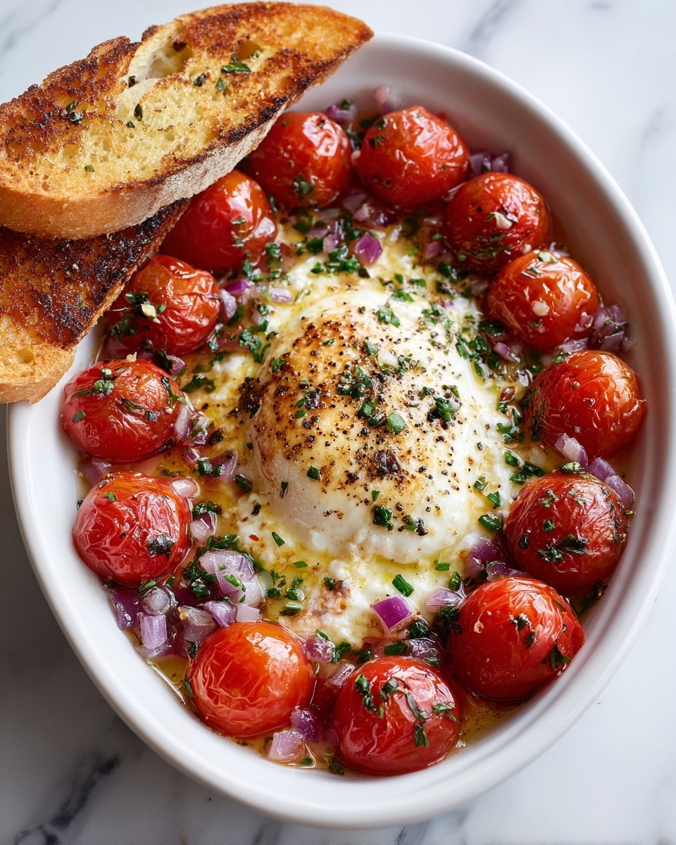 A white oval dish filled with a single large round of melted cheese in the center, topped with a light sprinkle of black pepper. Surrounding the cheese are bright red cherry tomatoes, some whole and some slightly softened and wrinkled from cooking. Scattered evenly around the tomatoes are small pieces of chopped red onion and garlic, adding texture and color contrast with their purple and pale tones. The dish sits on a white marbled surface, with toasted slices of bread visible in the background. Photo taken with an iphone --ar 4:5 --v 7