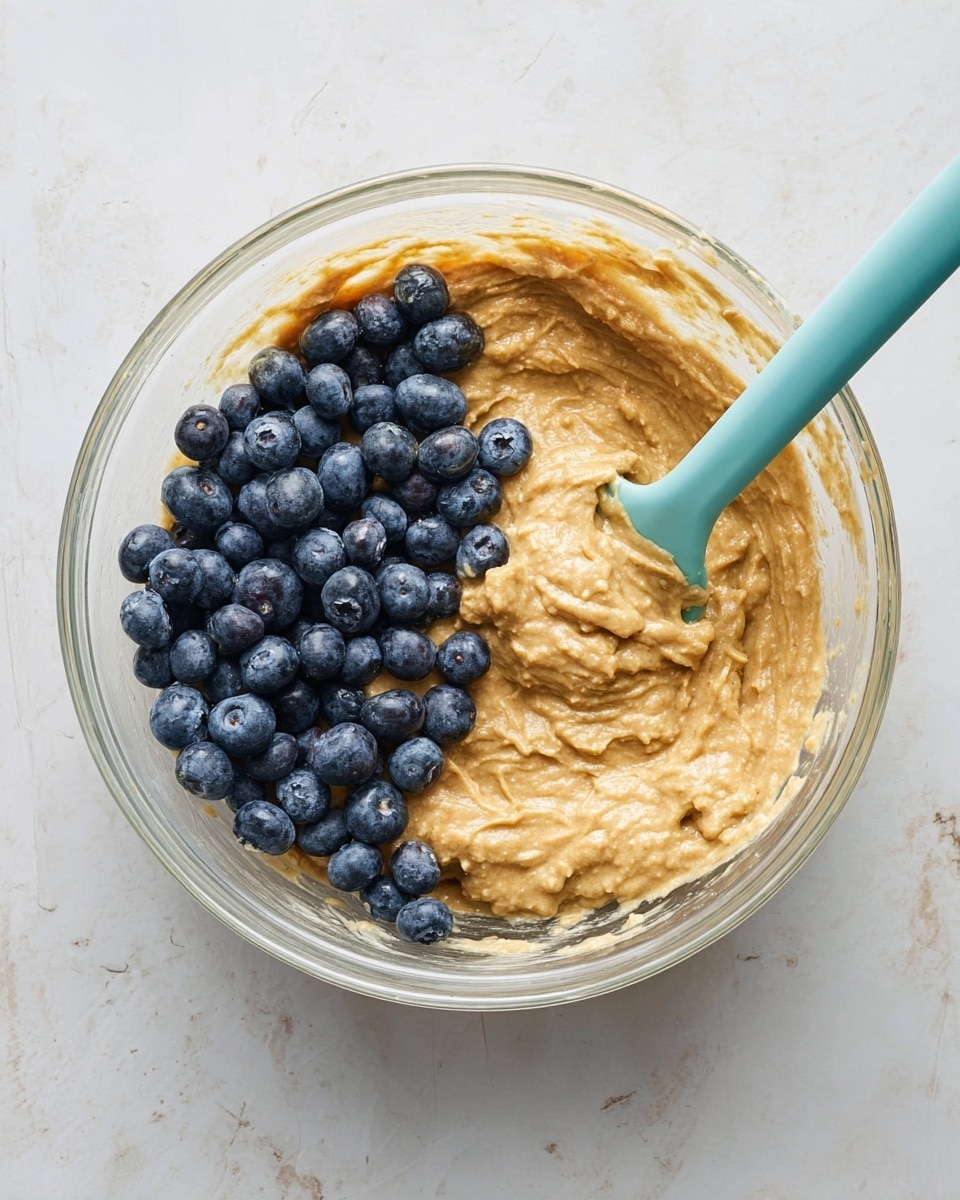 A clear glass bowl sits on a white marbled surface, filled nearly halfway with a thick, light brown batter that has a soft, slightly chunky texture. On the right side of the batter, there is a pile of fresh, round blueberries, dark blue with a natural matte finish. A light turquoise silicone spatula with batter on its edge is resting on the left inside edge of the bowl. The scene is bright and clean with natural light. photo taken with an iphone --ar 4:5 --v 7