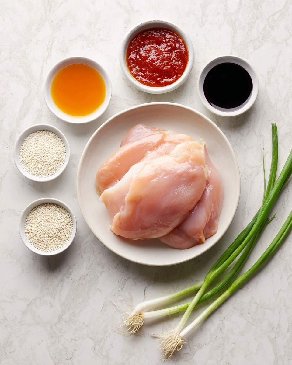 In the center, there is a white bowl holding three raw boneless chicken pieces, pale pink in color with smooth texture, slightly stacked. Around the bowl are five small white bowls arranged in a loose circle: one with an orange liquid that looks like oil or honey, one with thick smooth red sauce, one with white sesame seeds, one with white powder, and one with dark liquid that appears like soy sauce. To the right side of the main bowl, two green onions with white roots and bright green stalks lie flat on a white marbled surface. The photo is clear and bright, taken with an iphone --ar 4:5 --v 7