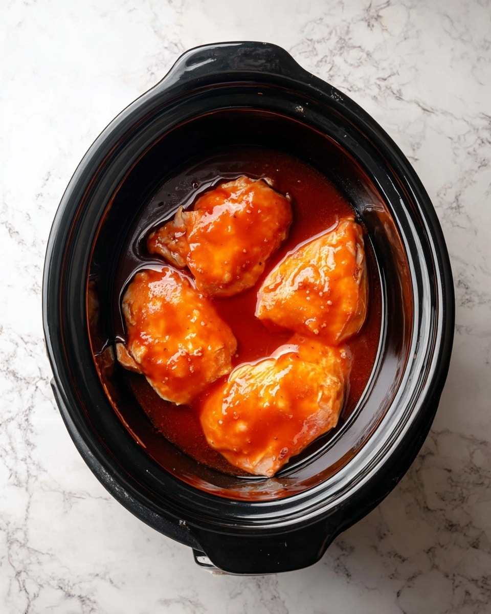 A black slow cooker holds three raw chicken pieces, each coated with a shiny, smooth orange-red sauce. The chicken pieces are arranged closely inside the cooker, covered partially by the sauce that pools around them. The slow cooker has a rounded top view with dark black handles and a clean, sharp edge around its opening. It sits on a white marbled surface with light gray veins, providing a soft contrast to the black cooker and the bright sauce on the chicken. photo taken with an iphone --ar 4:5 --v 7