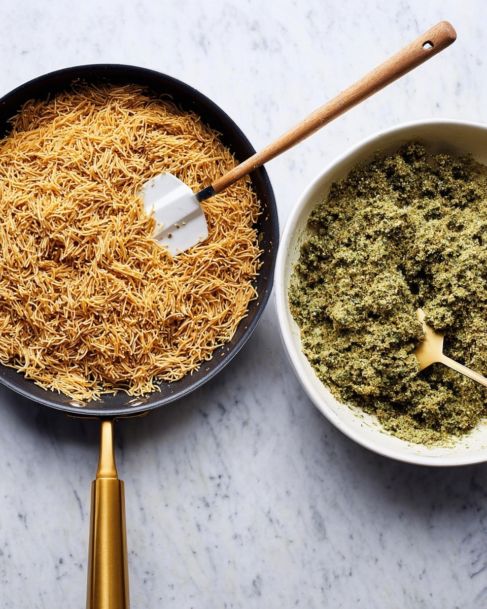 The image shows two separate cooking items on a white marbled surface. On the left, there is a black pan with a golden handle, filled with a large amount of finely shredded, lightly toasted noodles that are golden brown and dry in texture. A spatula with a white head and wooden handle is resting in the pan, partly covered by the noodles. On the right, a white bowl contains a thick mixture of shredded, green herb-coated strands that look moist and textured. A white spatula with a gold handle is partially buried in the green mixture inside the bowl. Photo taken with an iphone --ar 4:5 --v 7