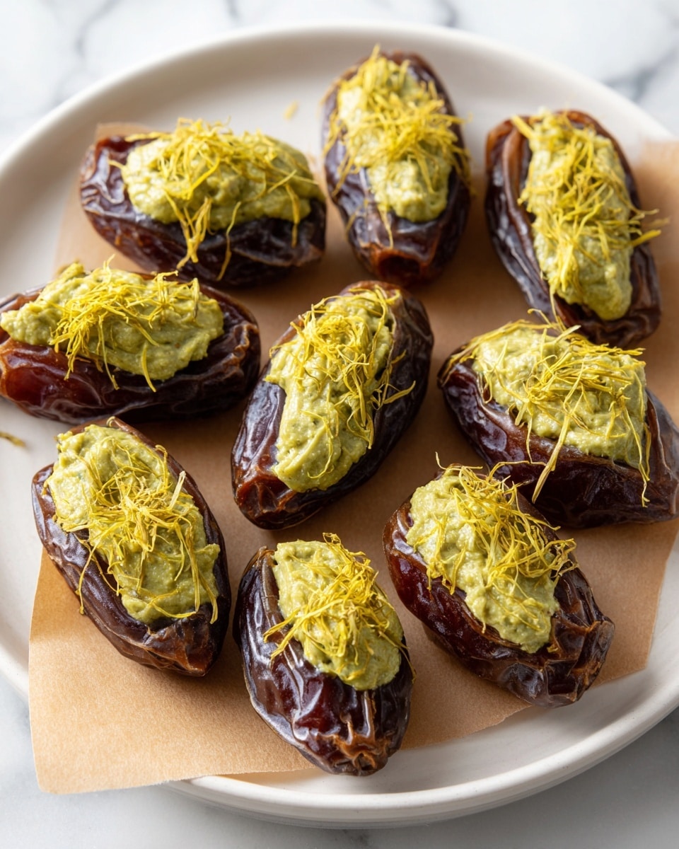 The image shows a white plate with a piece of brown parchment paper on top, holding nine dark brown, wrinkled dates arranged loosely. Each date is split open lengthwise and filled with a pale green creamy layer that looks smooth and thick. On top of the green filling, thin golden-yellow crispy strands are sprinkled, creating a textured topping. The background is a white marbled surface. photo taken with an iphone --ar 4:5 --v 7