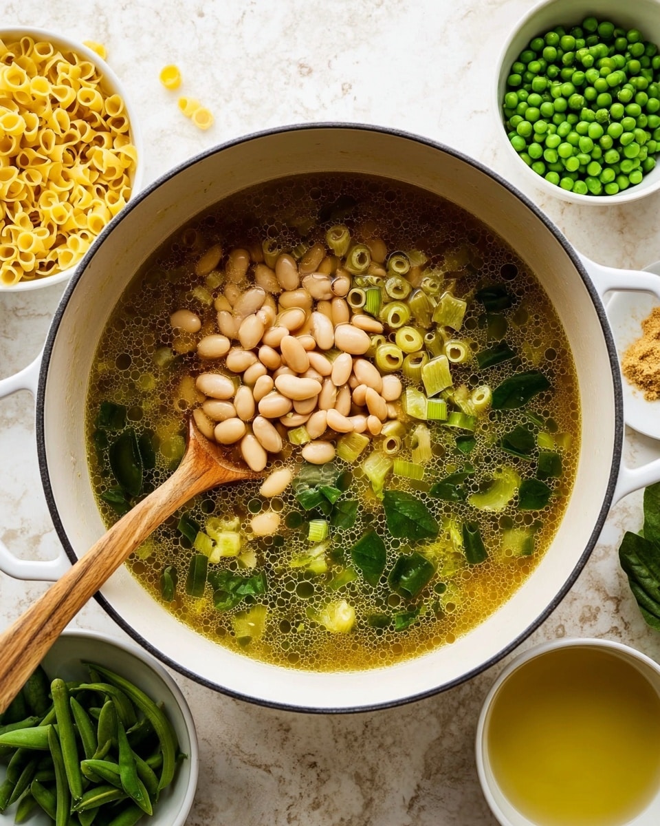 A large white pot filled with a clear broth that has small bubbles and oil drops on the surface, showing pieces of green vegetables floating inside; on top, a heap of beige beans and small yellow pasta rings sits in the middle, with a wooden spoon resting inside the pot on the left side. Around the pot, there are four small white bowls with chopped green spinach, green beans, frozen green peas, and a light yellow liquid. All items are placed on a white marbled textured surface. photo taken with an iphone --ar 4:5 --v 7