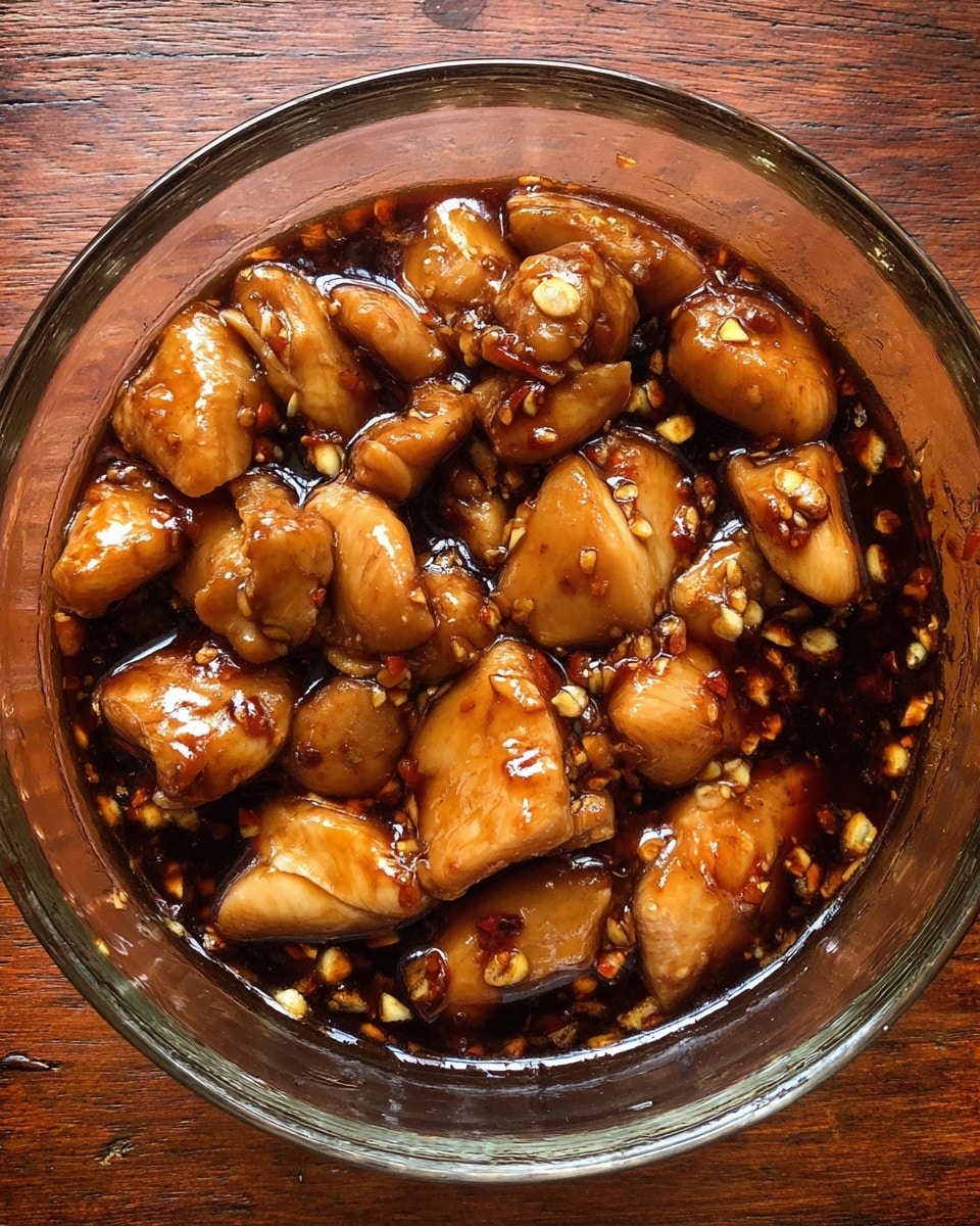 A round clear glass bowl filled with medium-sized chicken pieces soaked in a dark brown shiny sauce that looks thick and rich. The chicken pieces are light golden brown, smooth, and glossy, with some small bits of garlic and chili floating in the sauce. The bowl is placed on a wooden surface, showing a warm and rustic feel. photo taken with an iphone --ar 4:5 --v 7