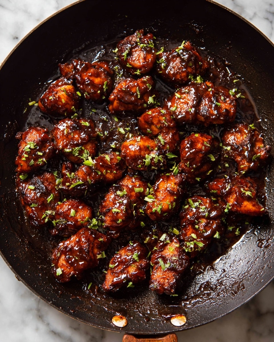 The image shows a black pan filled with about twenty small pieces of dark brown cooked chicken, each piece covered in a shiny, thick sauce with a sticky texture. The chicken pieces are irregular in shape and appear well-cooked with slight charring on some edges. Small green herb bits are sprinkled evenly over the chicken, adding a fresh contrast to the dark sauce. The black pan has visible sauce residue and grease, giving a rich, hearty look. The pan rests on a white marbled surface. Photo taken with an iphone --ar 4:5 --v 7