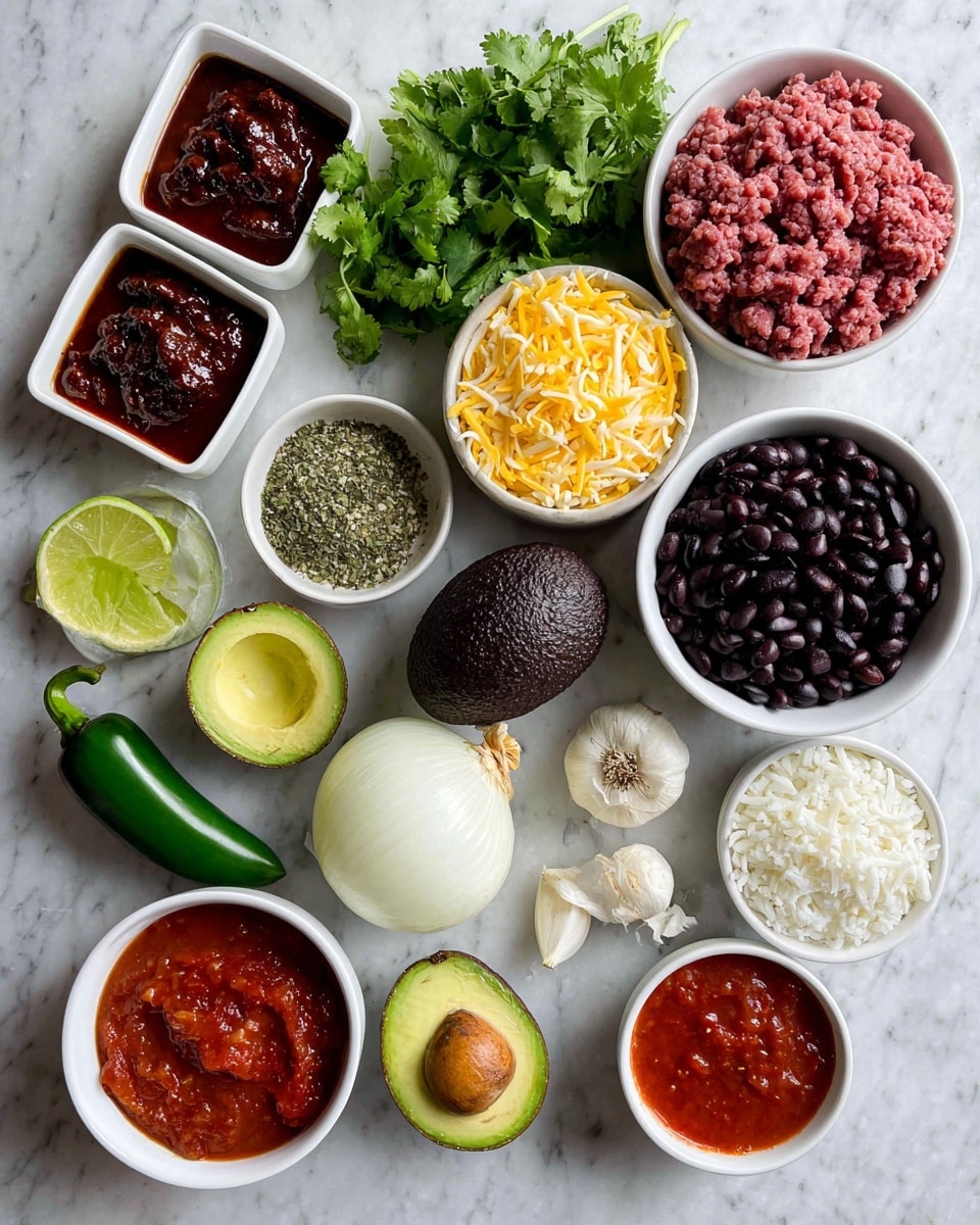 The image shows an overhead view of various ingredients laid out on a white marbled surface. There are small white square bowls with dark red chipotle peppers in adobo sauce and a green seasoning mix. A bunch of fresh green cilantro lies near the center, surrounded by a small white bowl of shredded yellow cheese, a whole dark purple avocado, and a bright green jalapeño pepper. A white half onion and several garlic cloves with papery skins are placed near a large white bowl that holds raw ground beef or turkey. There is a small white bowl filled with shiny black beans, a white cup with white rice grains, a small white bowl of red salsa, a very small white bowl with light green oil, and a small container with thick red tomato paste. Each item is clearly separated with visible textures and vibrant colors. photo taken with an iphone --ar 4:5 --v 7