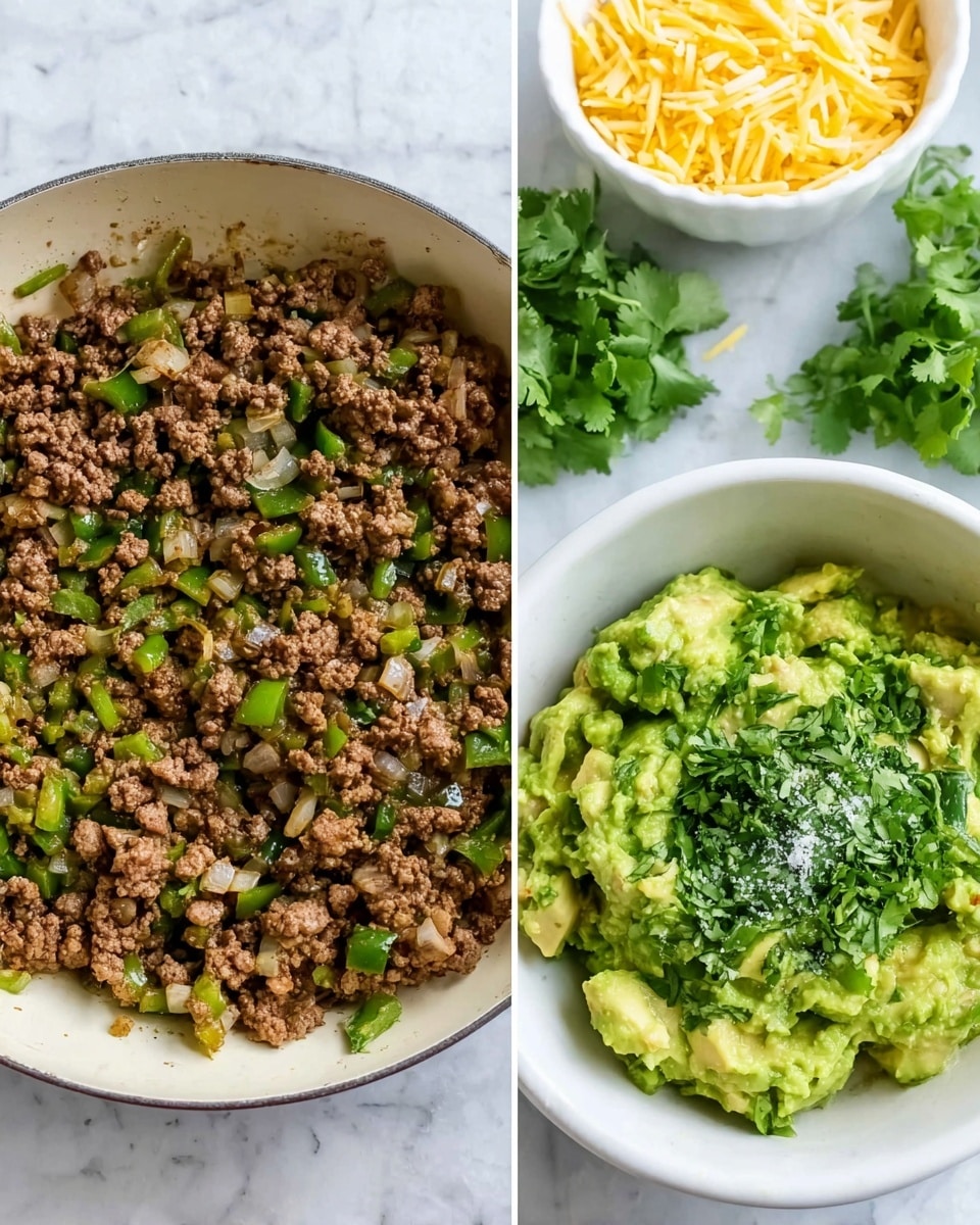 The image shows two parts side by side on a white marbled surface. On the left, there is a white pan filled with cooked ground beef mixed with small pieces of green peppers and diced onions. The beef is brown and crumbly with bits of green and white mixed in. Above the pan, to the top right, there is a white bowl with shredded yellow cheese and fresh green cilantro stems placed nearby. On the right side of the image, there is a white bowl holding bright green mashed avocado chunks topped with chopped fresh cilantro and coarse white salt sprinkled on top. The colors are mostly brown, green, white, and yellow, and the textures vary from crumbly to soft and creamy. Photo taken with an iphone --ar 4:5 --v 7