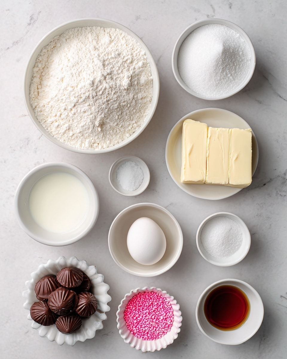 The image shows a white marbled surface with various baking ingredients arranged neatly. At the top center is a white bowl filled with fine white granulated sugar. Below it and spread out are smaller white bowls holding white baking soda and salt on the right and left sides. A larger white bowl in the middle is filled with white all-purpose flour that has a soft texture. To the right of the flour bowl, there is a small white bowl with two thick pale yellow sticks of unsalted butter. On the left is a single white egg placed directly on the surface. Below the egg is a small white bowl with a light liquid milk. Below the flour bowl, there is a white bowl filled with several dark brown Hershey Kisses chocolates. To the right of that is a small white bowl with brown vanilla extract. At the bottom center, a small white fluted bowl holds bright pink sprinkles. The layout is clean and minimal, with each ingredient clearly visible. Photo taken with an iphone --ar 4:5 --v 7