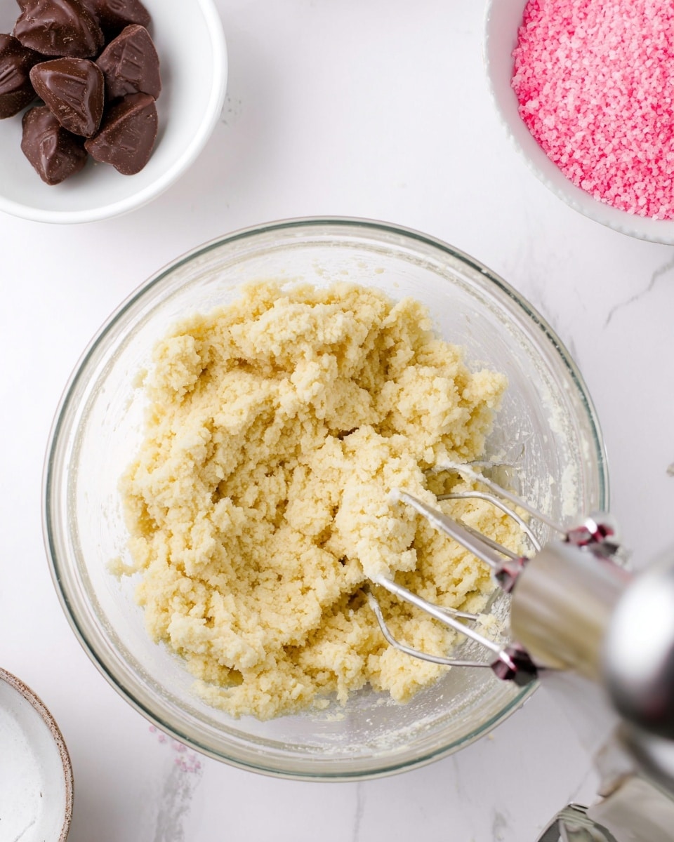 A clear glass bowl filled with light yellow, crumbly dough with a thick texture is at the center, with a silver electric mixer partially immersed in the dough. Above the bowl on a white marbled surface, there is a small white bowl with dark brown chocolate pieces shaped like drops on the left, and a white bowl filled with bright pink sugar crystals on the right. The scene is bright and clean, with no extra layers other than the dough and tools visible. Photo taken with an iphone --ar 4:5 --v 7