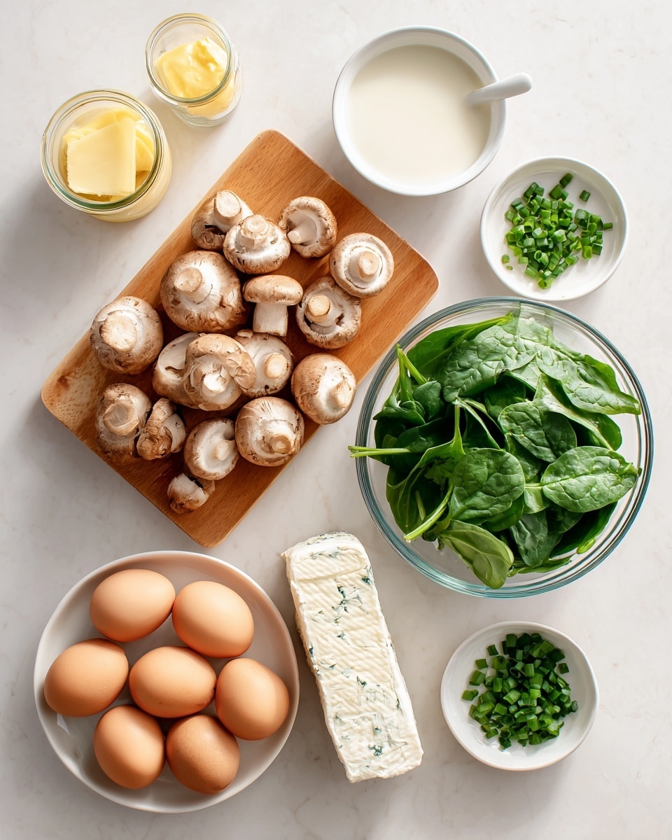 The image shows a top view of fresh ingredients arranged neatly on a white marbled surface. On the left side, there is a wooden cutting board filled with light brown mushrooms with smooth caps. Below it, there is a small glass jar of yellow butter and a white plate holding a white log of goat cheese. In the middle, a small white bowl contains white milk, and to the right, a large white bowl holds seven brown eggs arranged in a circle. Next to the eggs, a clear glass bowl is filled with bright green spinach leaves, and above it, a small white bowl contains chopped green chives. The setup is clean and bright, emphasizing the natural colors and textures of each ingredient photo taken with an iphone --ar 4:5 --v 7
