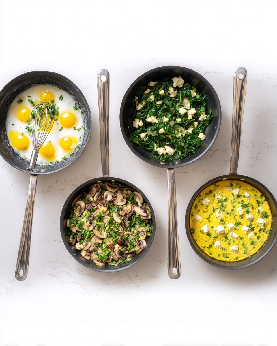The image shows four pans placed side by side on a white marbled surface. The first pan contains several raw eggs with chopped green herbs and white onions, along with a whisk resting inside. The second pan holds cooked spinach and sliced mushrooms spread evenly on the pan’s surface. The third pan features a mixture of beaten eggs combined with green herbs and white chunks, possibly cheese, distributed throughout. The fourth pan displays the cooked version of the mixture with a golden-yellow top and scattered green herbs and white cheese pieces, showing a firm texture. Photo taken with an iphone --ar 4:5 --v 7